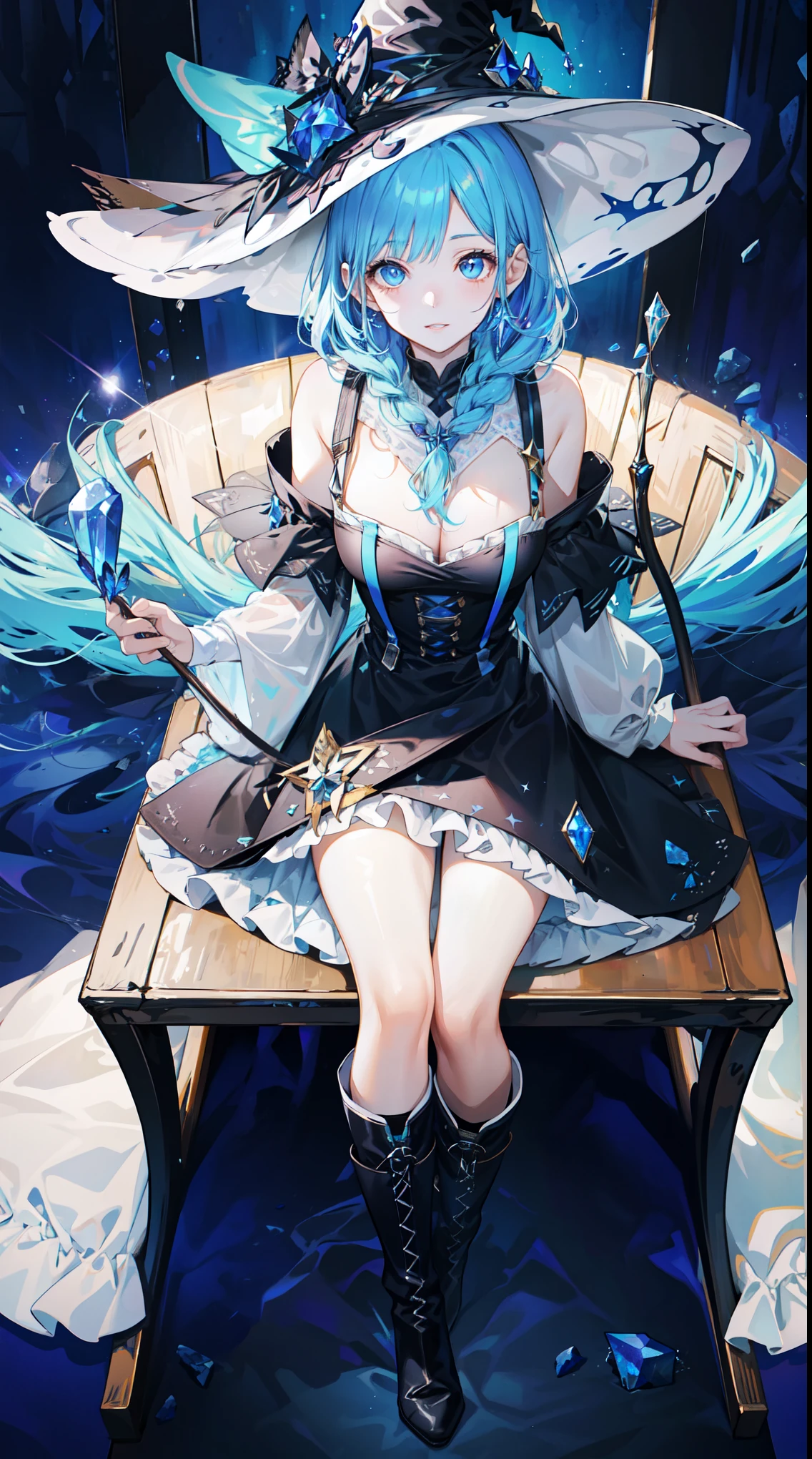 (best quality)+,(on the table)++,(Super detailed)++, Masterpiece Top Quality Super Fine Illustration High Detail Lighting Perfect Lighting, (Witch 1 person:1.3),, First class female body, Perfect body, beautiful breasts, View from the front, from above, delicate luster, Beautiful and delicate eyes, cute face, beautiful lips, semi-realistic, a girl surrounded by crystals, blue eyes, beautiful light blue hair, Beautiful iridescent eyes, Beautiful long and tousled hair, Cute witch girl costume sexy beautiful witch dress, Glow effect lens flare lotion gloss shine holy light background sunlight, Galaxy Witch Hat, boots braided on feet, and suspenders, looking at the audience,