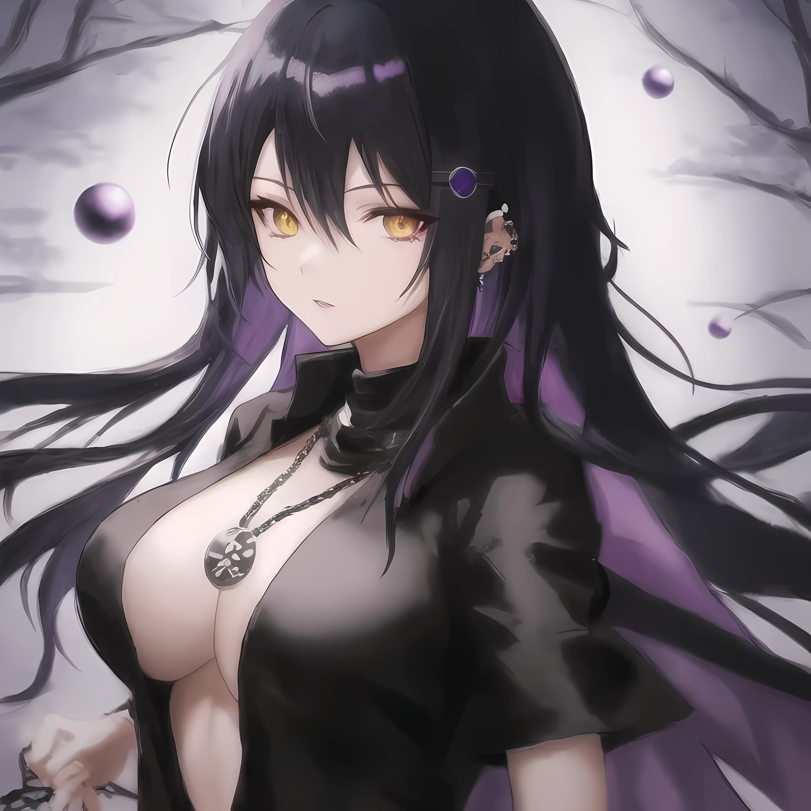 anime character dressed in black with chain around his neck, turtle neck, shadow mage female, female fantasy Vampire, single character, rpg portrait, noble female, anime illustration, dark witch character, rpg, black hair purple gradien, yellow eyes purple gradien color, rosario earpierce, wolf cut hair, female, wolfcut hair, bigboobs, sexy pose