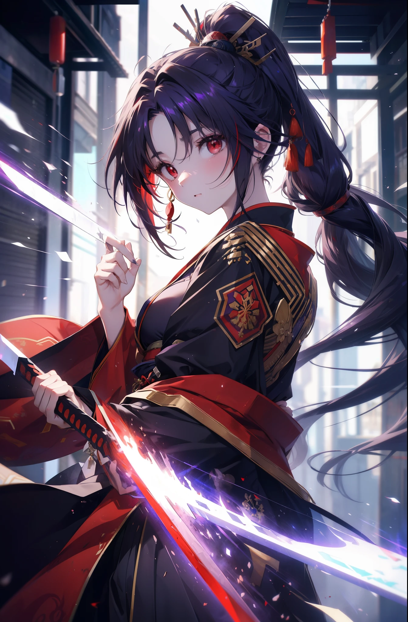yuukikonno, Yuki Konno, hair band, long hair, pointed ears,ponytail, purple hair, (red eyes:1.5), (small breasts:1.2), open your mouth,red kimono,Purple too,white foot bag,grass sandals,Japan sword 1:1 Hold the grip in your hand,
break looking at viewer, Upper body, whole body,
break outdoors, medieval europe cityscape,
break (masterpiece:1.2), highest quality, High resolution, unity 8k wallpaper, (shape:0.8), (thin and beautiful eyes:1.6), highly detailed face, perfect lighting, Very detailed CG, (perfect hands, perfect anatomy),