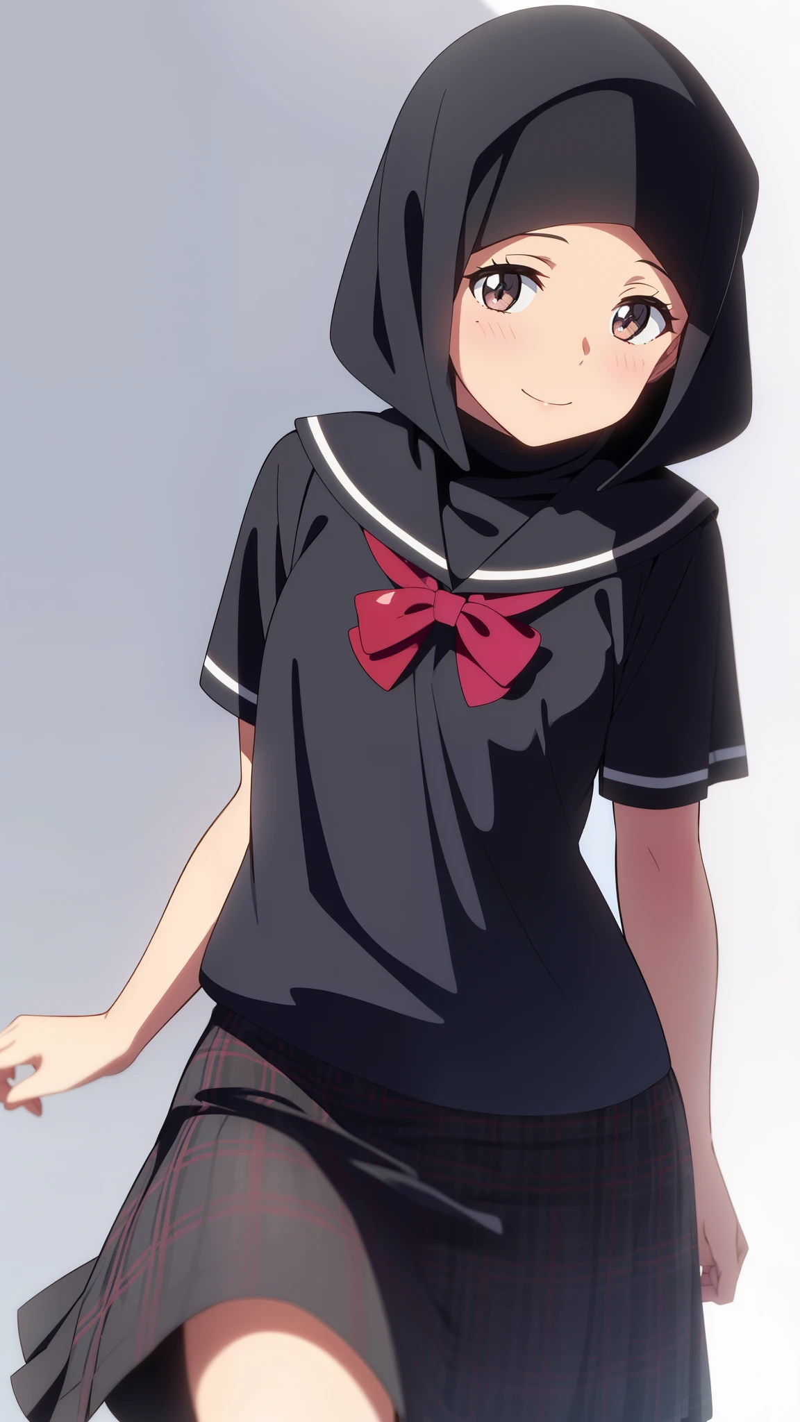 shinkai makoto, kimi no na wa., 1girl, bangs, black hair, short hair, blush, round eyes, bright eyes, brown eyes, red bow, muslimah, ((wearing islamic hijab)), smile, cute, beautiful, shiny skin, looking at the viewer, solo, cute girl, black sailor collar, black sailor color, black skirt, plaid skirt, short sleeves, white background