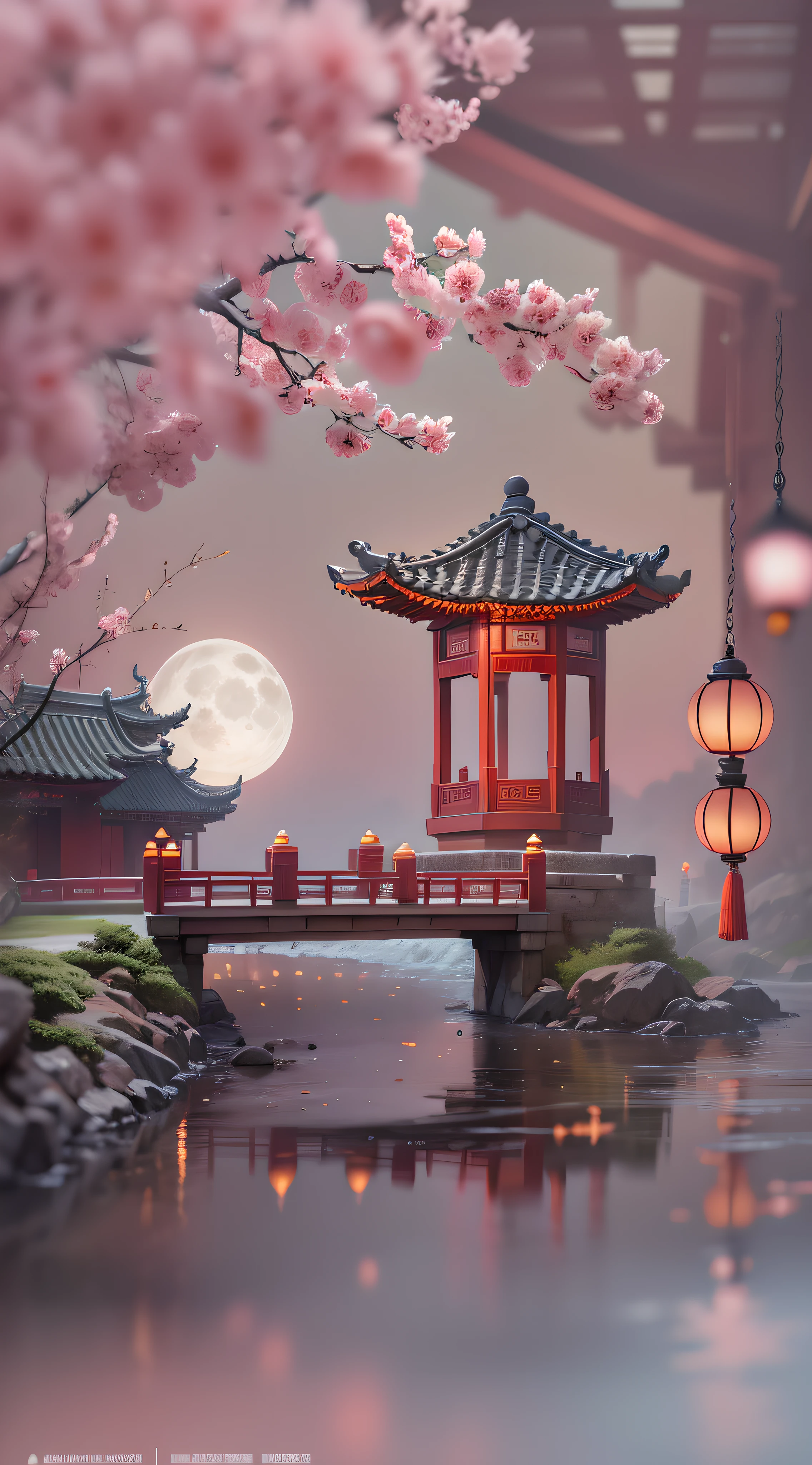 Pink Moon x1.5，Paper sculpture x1.5，tilt shift，night，Cloud x1.3，Osmanthus x1.3，soft light，Suzhou gardens，lantern，Kongming lantern，1 arch bridge，Oriental elements，Dreamy，pastel colors，bright colors，Chinese traditional color scheme，Reasonable design，clear lines，high definition，best quality，Very detailed，masterpiece，official art，movie lighting effects，4k