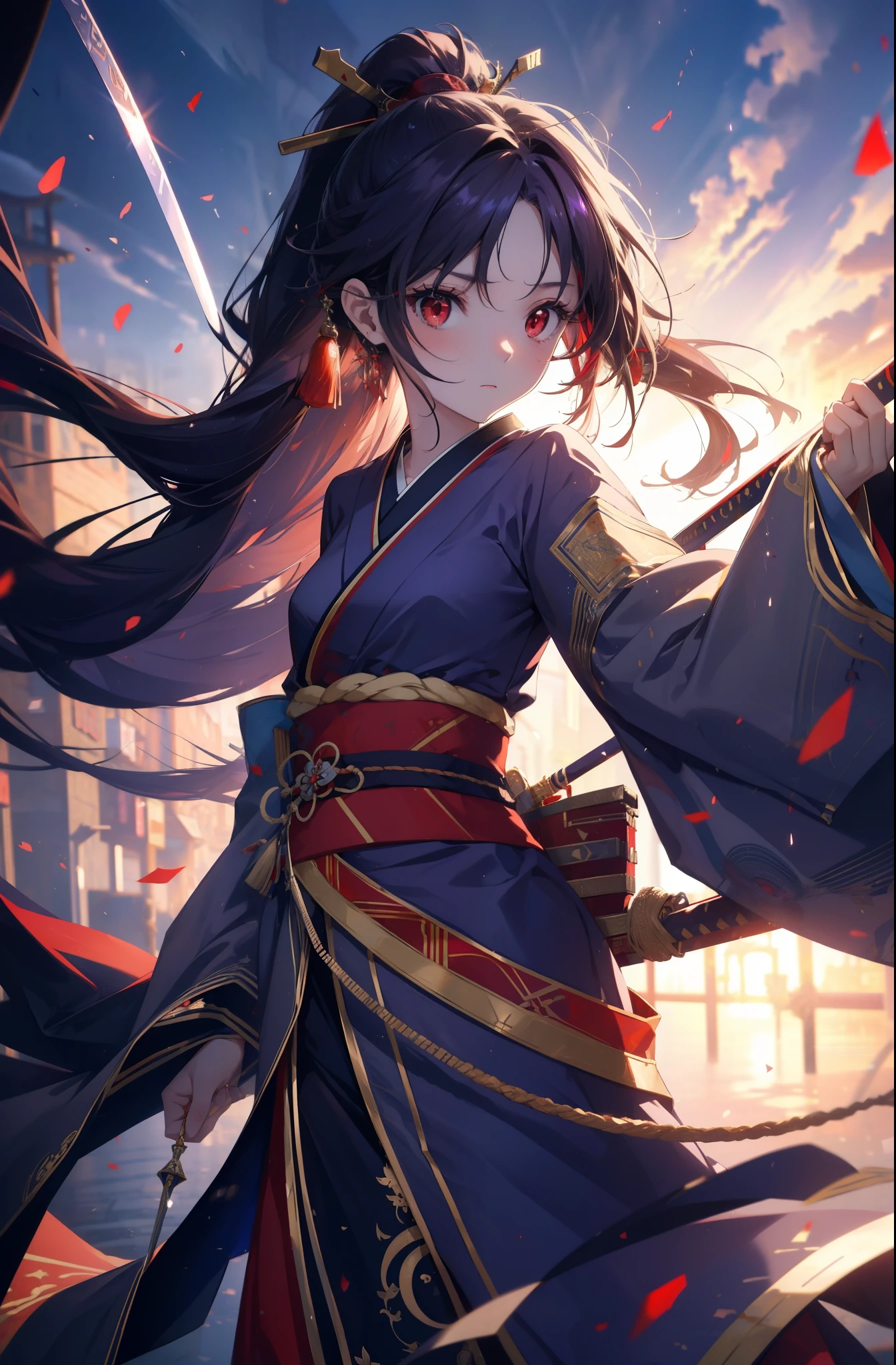 yuukikonno, Yuki Konno, hair band, long hair, pointed ears,ponytail, purple hair, (red eyes:1.5), (small breasts:1.2), open your mouth,red kimono,Purple too,white foot bag,grass sandals,Japan sword 1:1 Hold the grip in your hand,
break looking at viewer, Upper body, whole body,
break outdoors, medieval europe cityscape,
break (masterpiece:1.2), highest quality, High resolution, unity 8k wallpaper, (shape:0.8), (thin and beautiful eyes:1.6), highly detailed face, perfect lighting, Very detailed CG, (perfect hands, perfect anatomy),