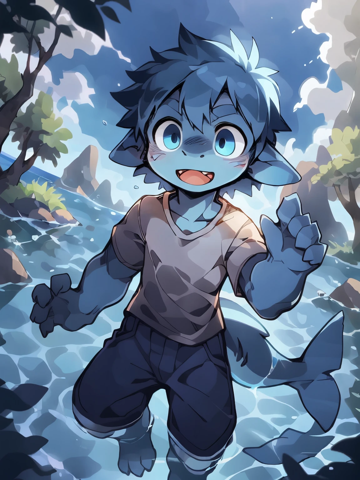 Empty,(shark, finless shark), Humanity,4 fingers, water blue eyes, blue pants, White shirt, boy,humanoid,boy, Tail, external, plant, light blue body, Ocean, alone, tree, (water), deTailed background,By Ruhu1145,author:Takemoto Arashi,through empty ghost, cold atmosphere, open smile, soft blue blush