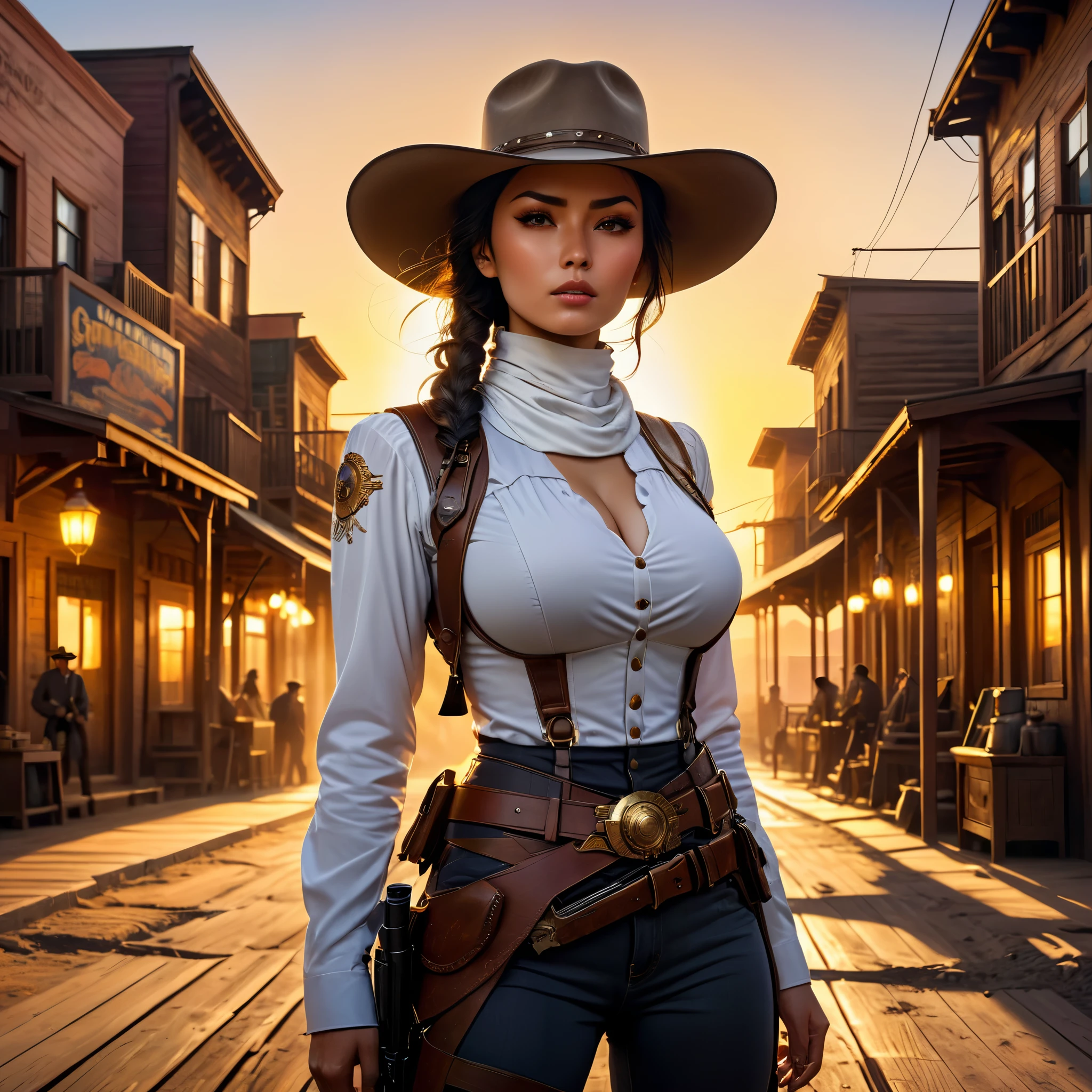 (extreme complexity)(two subjects) (Western gunfighter showdown), A (rugged man resembling Clint Eastwood, wild west gunslinger dressed in white), (busty malaysian gunslinger, age 20 immensely busty, hijab no hair showing), old west town sunset, (best quality,4k,8k,highres,masterpiece:1.2), ultra-detailed, (realistic,photorealistic,photo-realistic:1.37), HDR, UHD, studio lighting, ultra-fine painting, sharp focus, physically-based rendering, extreme detail description, professional, vivid colors, bokeh, portraits, landscape, horror, anime, sci-fi, photography, concept artists, warm color palette, golden-hour lighting, (show both gunslingers, extreme tension)