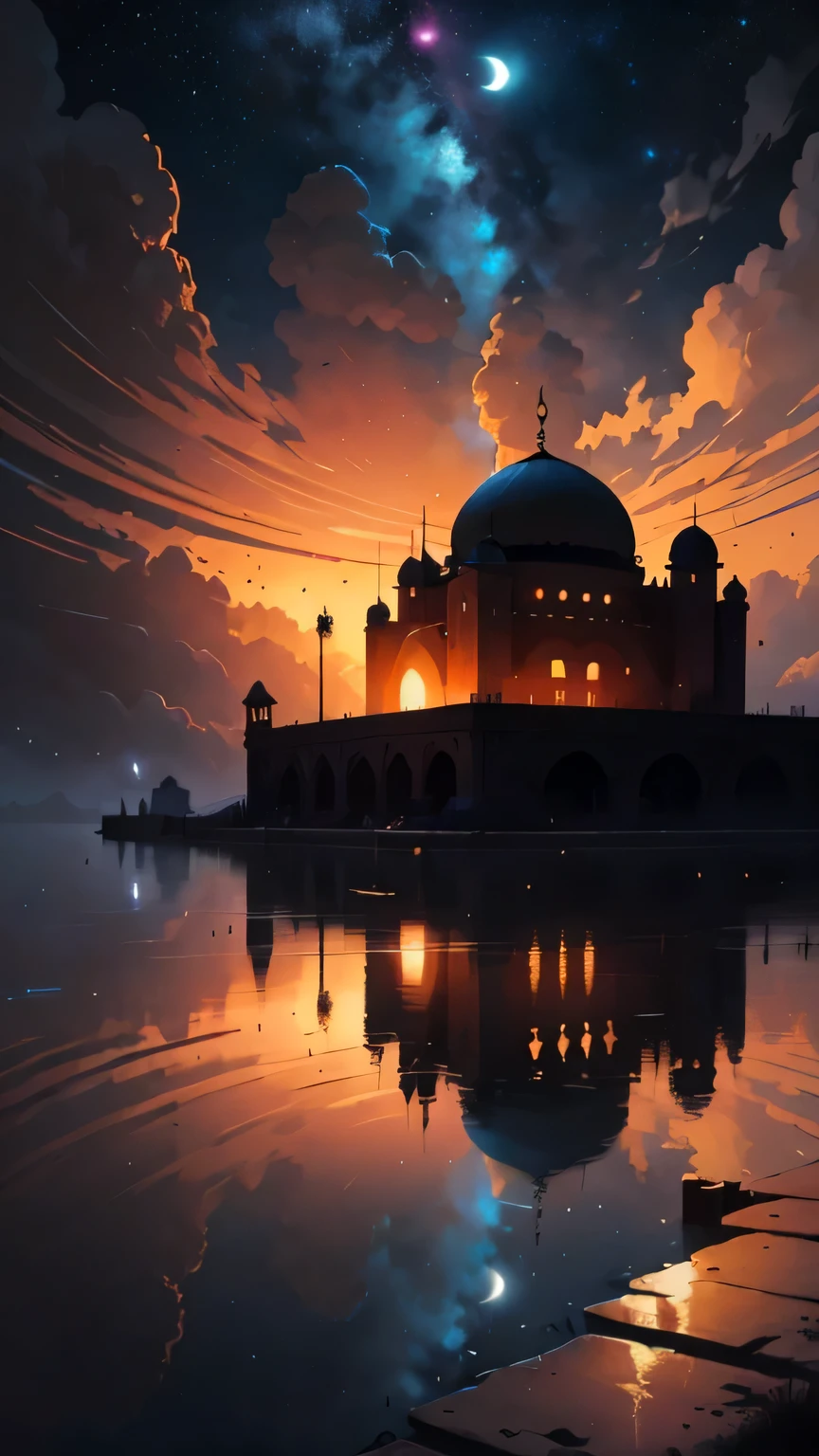 mosque silhouette, 8k stunning artwork, concept art wallpaper 4k, inspired by Andreas Rocha, andreas rocha style, inspired by Cyril Rolando, a beautiful artwork illustration, 4k highly detailed digital art, concept art | rhads, beautiful art uhd 4 k, 8k hd wallpaper digital art, million of stars, moon
