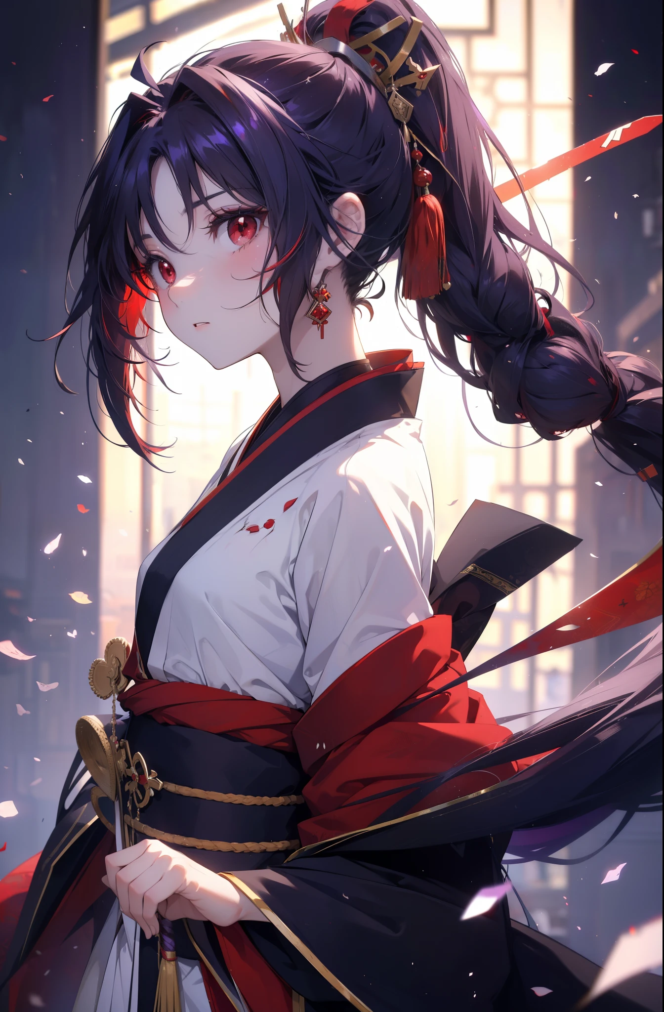 yuukikonno, Yuki Konno, hair band, long hair, pointed ears,ponytail, purple hair, (red eyes:1.5), (small breasts:1.2), open your mouth,red kimono,Purple too,white foot bag,grass sandals,Japan sword 1:1 Hold the grip in your hand,
break looking at viewer, Upper body, whole body,
break outdoors, medieval europe cityscape,
break (masterpiece:1.2), highest quality, High resolution, unity 8k wallpaper, (shape:0.8), (thin and beautiful eyes:1.6), highly detailed face, perfect lighting, Very detailed CG, (perfect hands, perfect anatomy),