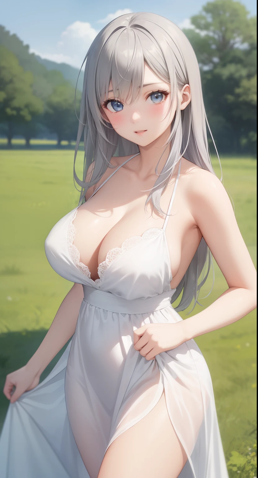 big breasts:1.2、、highest quality、very detailed、Very realistic eye masterpiece、highest quality、very detailed、gray hair、perfect face、long hair、white dress、sundress、lily、two girls、anime、kiss、countryside