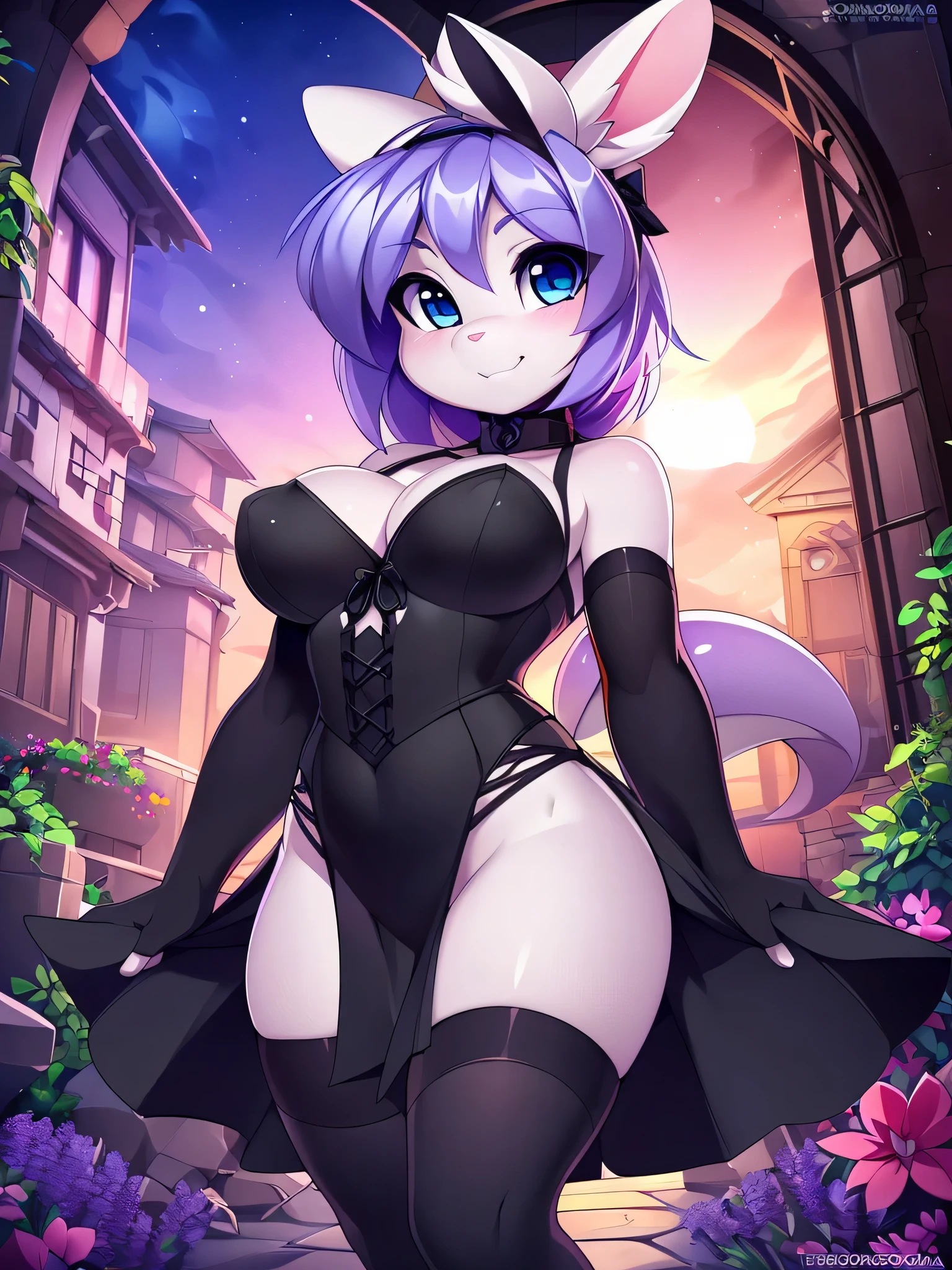(8k, highest quality, ultra-high detail), (4k, masterpiece), volumetric lighting, ambient lighting, bloom, haunted garden, being watched, ((cute, short stack, shortstack, young, gothic bunny girl)), (lavender skin, tiny waist, slim waist, medium breasts), posing for camera, (uploaded to e621, by doxy, by krokobyaka, by chromapan, by teranen, by zaush, by tsampikos, by slugbox, by iskra, by xylas),
