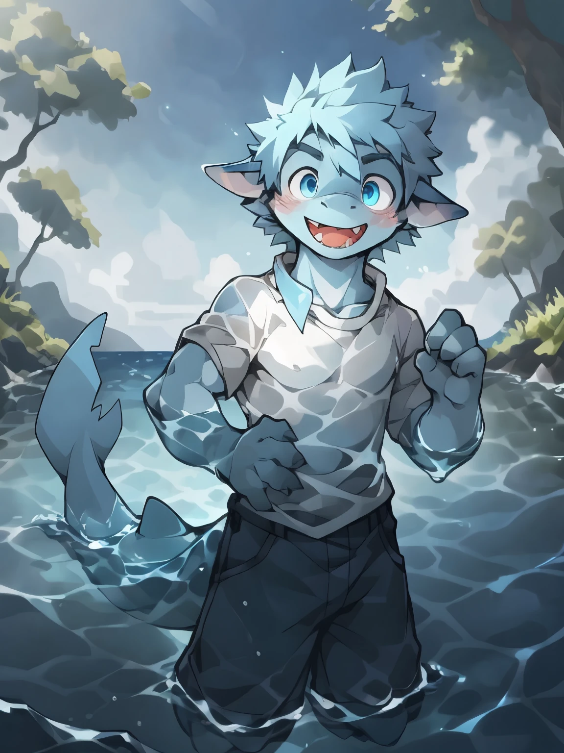 Empty,(shark, finless shark), Humanity,4 fingers, water blue eyes, blue pants, White shirt, boy,humanoid,boy, Tail, external, plant, light blue body, Ocean, alone, tree, (water), deTailed background,By Ruhu1145,author:Takemoto Arashi,through empty ghost, cold atmosphere, open smile, soft blue blush