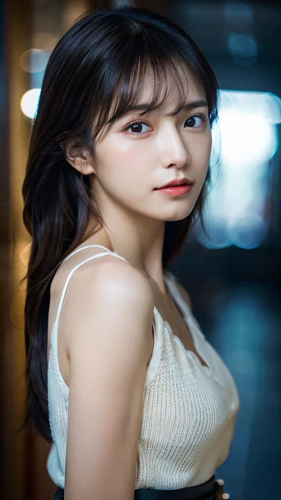 (RAWphotograph, highest quality)(8k, highest quality, masterpiece: 1.2), Complex, 8k, HDR, cinematic lighting, sharp focus, photograph, very fine eyes, Very fine skin, very small nose, highly detailed mouth, perfect anatomy, 1 girl, (20:1.2), 20 generations, pretty girl, bangs, Desperate, Are crying, realistic body, look at me, ((positive)), (Fair skin), waist shot,