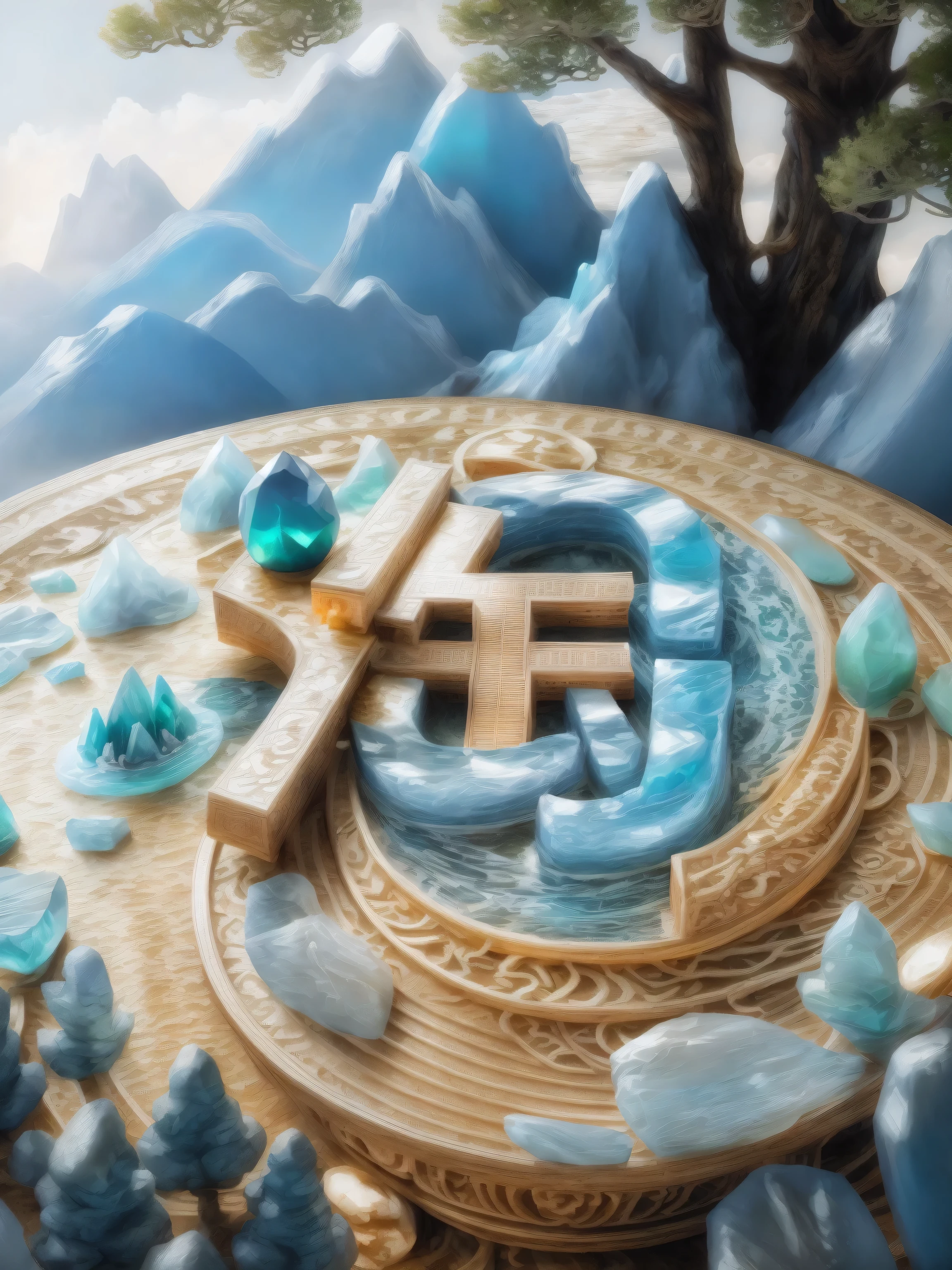 The image has foreground,medium and long ground,mountain peaks composed of jade,gemstones,surrealism,Chinese aesthetics,pine and cypress,depth of field,rich detail,diversity of images,8k,masterpiece,best quality,8k,crazy details,intricate details,super detail,super high quality,high detail, 