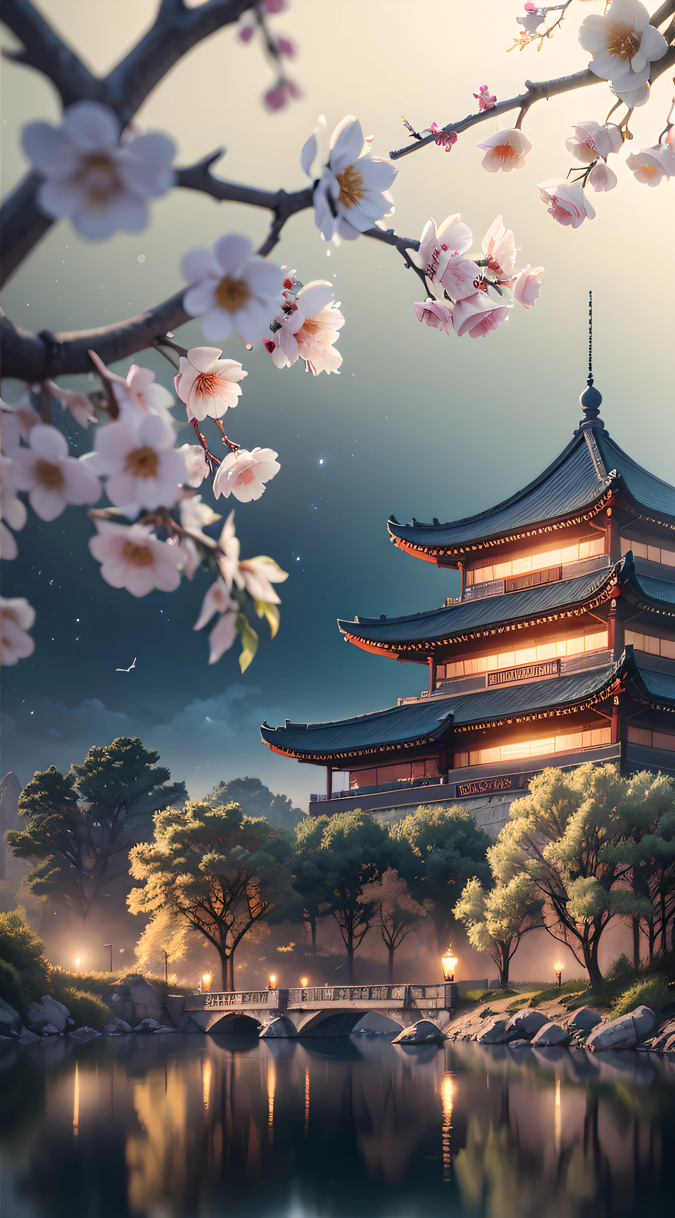Qixi Festival、stone arch bridge、Minato、peach blossom、High definition details、wet watermark、Ultra-detailed、movie lighting、Surrealism、soft light lighting、Deep field focus bokeh、光线追踪和Surrealism。 --auto--v6--s2