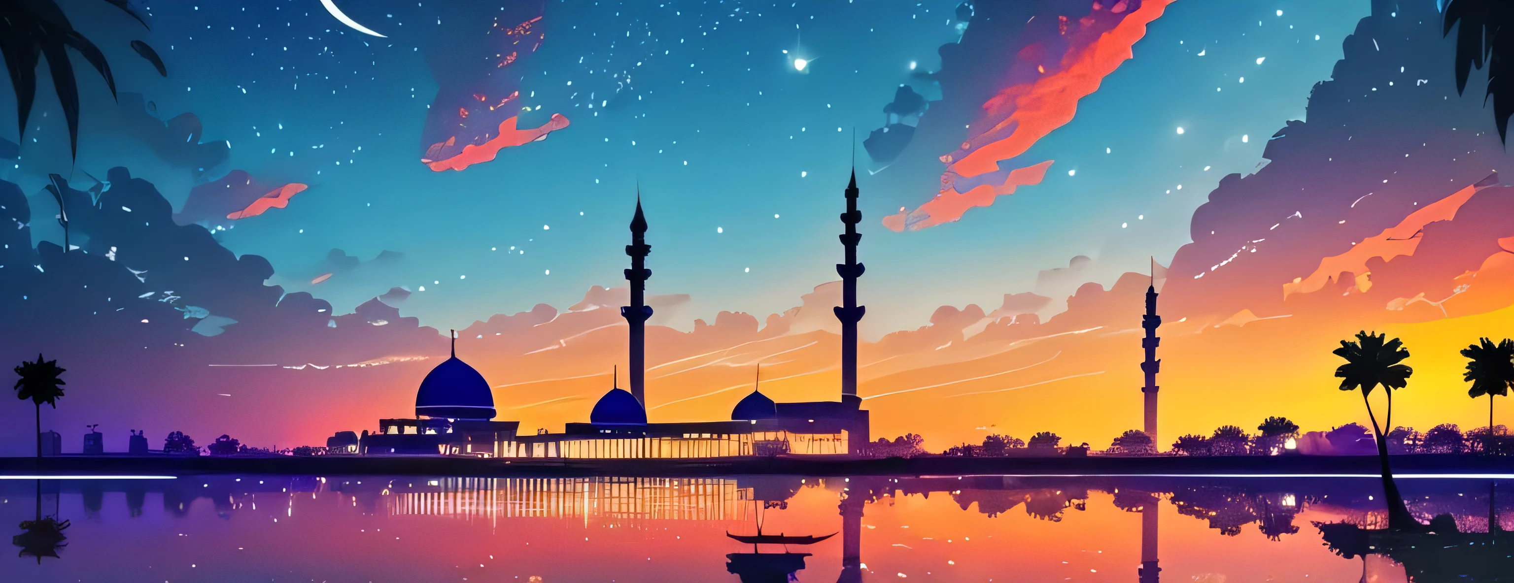 make the picture must on the right side and make some empty space on the left side, make ramadhan style 2d art with sunset sky theme with mosque silhouette on the right and make some empty space in left of the picture and make some illustration of lot of peoples going to entering the mosque, make empty space in the left, no object in the left side just blank space, make the sky has sunset and some stars, ramadhan nights style, 16 : 9 resolution, must has mosque silhouette and has sunset background, sunset sky, has stars on the sky