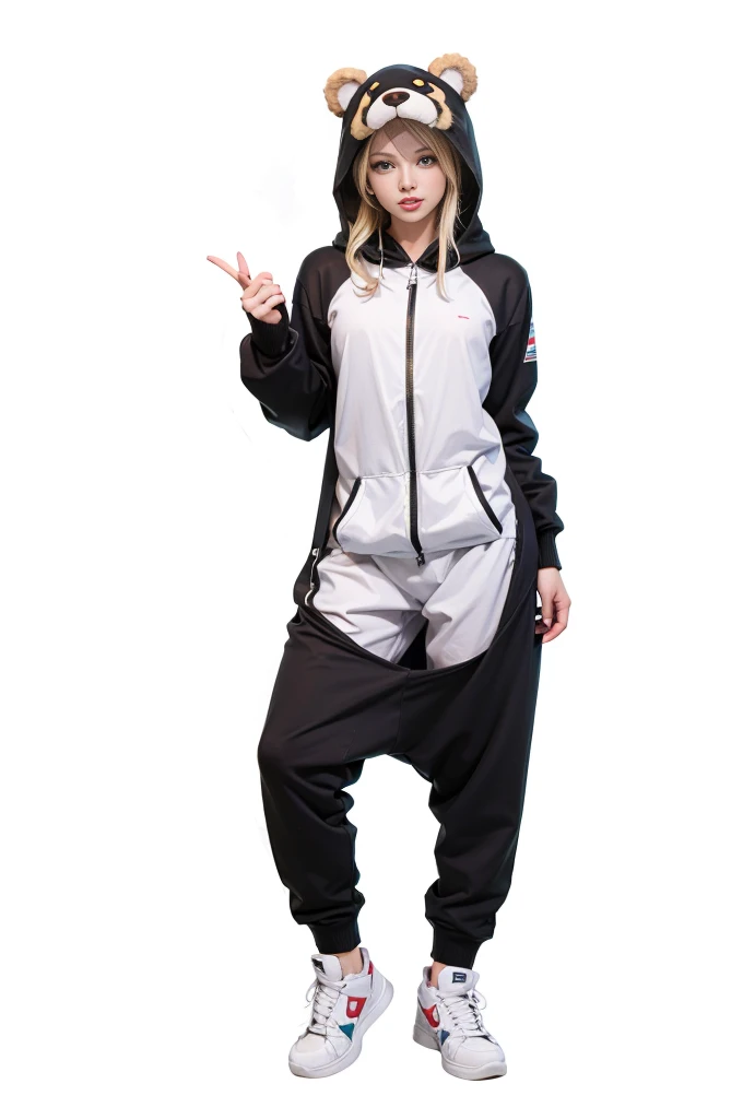 A blonde girl wearing a bear costume with the front zipper open、In underwear with small breasts、gbw style,(((full body portrait))), (masterpiece), (highest quality), (Super detailed)
