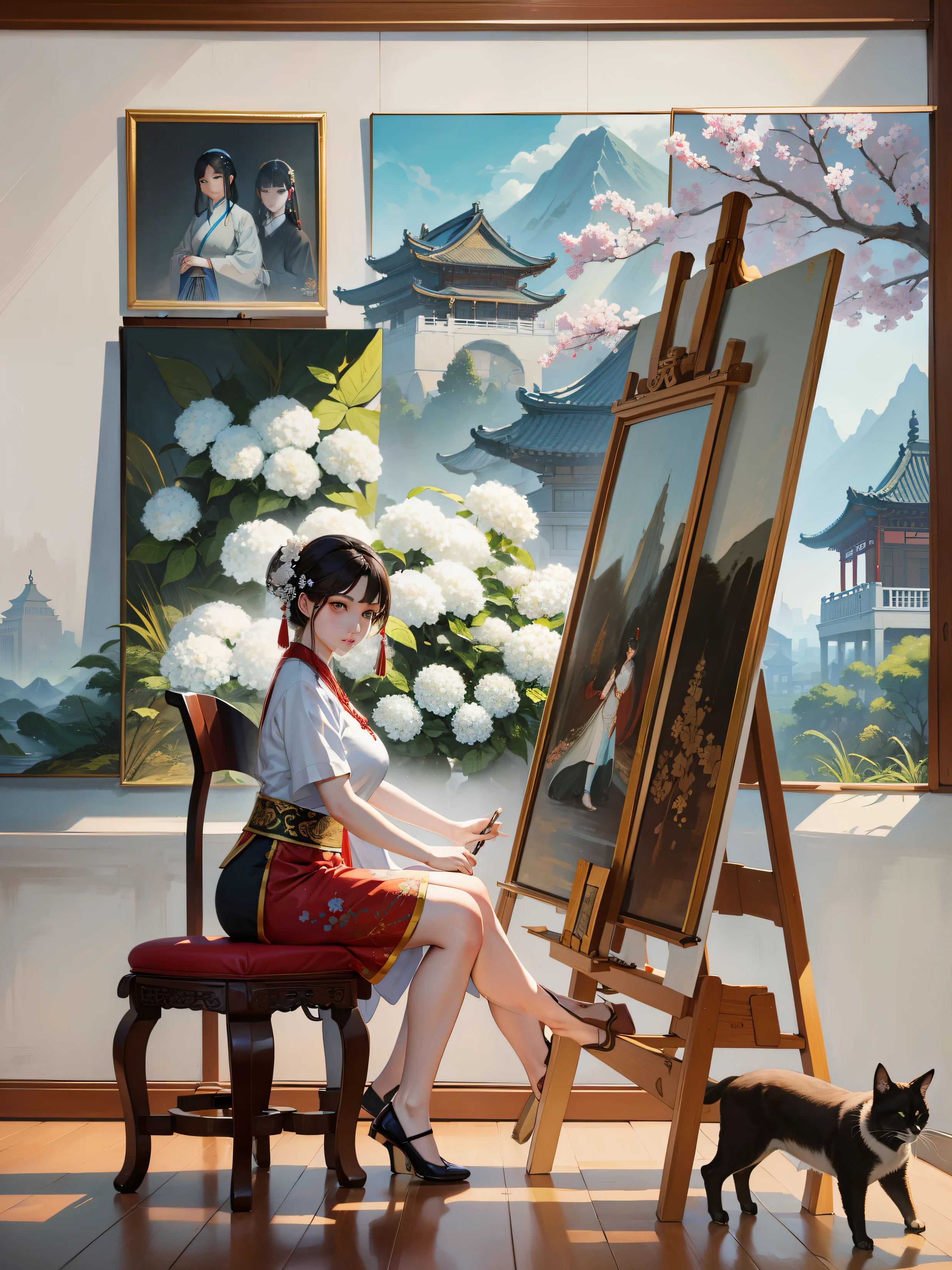 Background with white chinese wood hydrangea flowers，The beauty of Hanfu，big breasts，feet forward and backward，there is a woman sitting in a chair with a cat looking at a painting, Chinese artist, Stand in front of her easel, Chinese artist, Art enters life, an epic painting of an artist, as a painting, painting come to life, solo portrait 🎨🖌️, painting, , Inspired by Zhang Xuan, The best painter in the world, Oil 