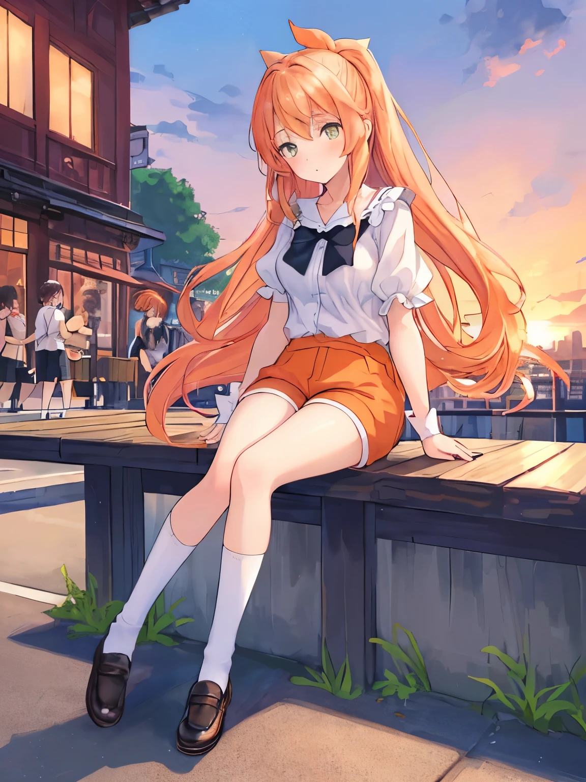 ((masterpiece)), ((best quality)), (ultra-detailed), (kawaii), illustration, anime style, full body, in the middle, full body focus, 1girl, cute girl, (beautiful eyes), Summer evening, at a café terrace with friends. Wearing a shorts paired with stylish high socks and a breezy top. On the table, refreshing drinks are placed, beside a sunset painting the sky orange. High socks peeking from ankles to calves add sophistication. Friends chat, admiring the ensemble, Relaxed.