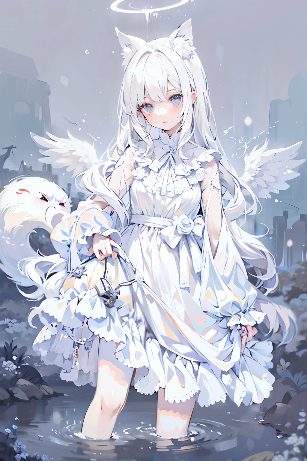 Anime girl with white hair and angel wings wearing white clothes, Digital art on pixiv, White-haired God, Pale young ghost girl, zero art, Ethereal animation, pixiv, pixiv style, Demon anime girl, A beautiful angel girl, white wings, gothic shoujo anime girl, pixiv contest winners, Astral Fairy, angelic purity, ethereal wings