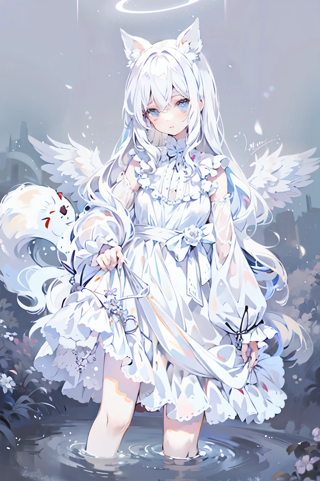 Anime girl with white hair and angel wings wearing white clothes, Digital art on pixiv, White-haired God, Pale young ghost girl, zero art, Ethereal animation, pixiv, pixiv style, Demon anime girl, A beautiful angel girl, white wings, gothic shoujo anime girl, pixiv contest winners, Astral Fairy, angelic purity, ethereal wings