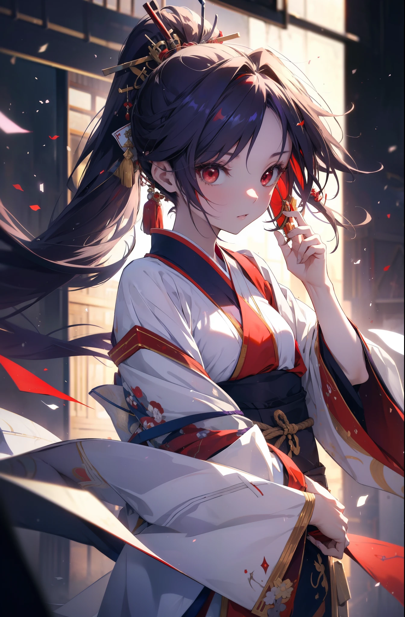 yuukikonno, Yuki Konno, hair band, long hair, pointed ears,ponytail, purple hair, (red eyes:1.5), (small breasts:1.2), open your mouth,red kimono,Purple too,white foot bag,grass sandals,Japan sword 1:1 Hold the grip in your hand,
break looking at viewer, Upper body, whole body,
break outdoors, medieval europe cityscape,
break (masterpiece:1.2), highest quality, High resolution, unity 8k wallpaper, (shape:0.8), (thin and beautiful eyes:1.6), highly detailed face, perfect lighting, Very detailed CG, (perfect hands, perfect anatomy),