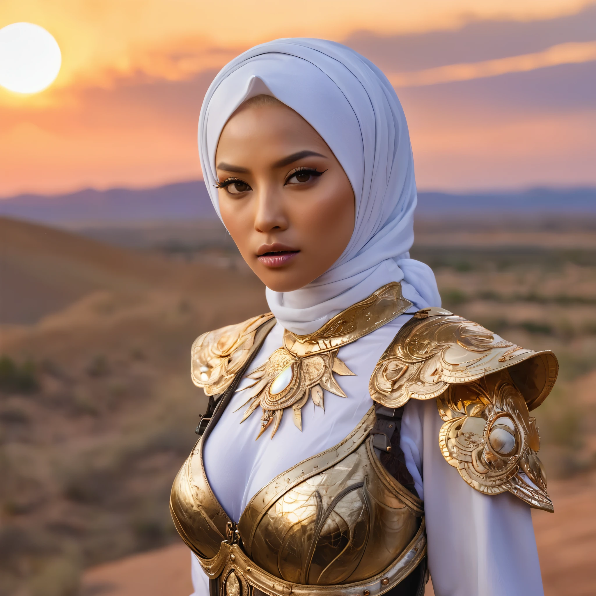 (extreme complexity)(two subjects) (Western gunfighter showdown), A (rugged man resembling Clint Eastwood, wild west gunslinger dressed in white), (busty malaysian gunslinger, age 20 immensely busty, hijab no hair showing), old west town sunset, (best quality,4k,8k,highres,masterpiece:1.2), ultra-detailed, (realistic,photorealistic,photo-realistic:1.37), HDR, UHD, studio lighting, ultra-fine painting, sharp focus, physically-based rendering, extreme detail description, professional, vivid colors, bokeh, portraits, landscape, horror, anime, sci-fi, photography, concept artists, warm color palette, golden-hour lighting, (show both gunslingers, extreme tension)