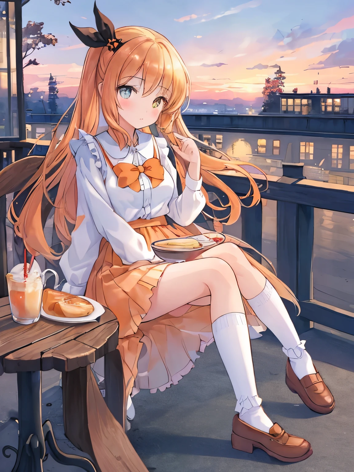 ((masterpiece)), ((best quality)), (ultra-detailed), (kawaii), illustration, anime style, full body, in the middle, full body focus, 1girl, cute girl, (beautiful eyes), Summer evening, at a café terrace with friends. Wearing a skirt paired with stylish high socks and a breezy top. On the table, refreshing drinks are placed, beside a sunset painting the sky orange. High socks peeking from ankles to calves add sophistication. Friends chat, admiring the ensemble, Relaxed.