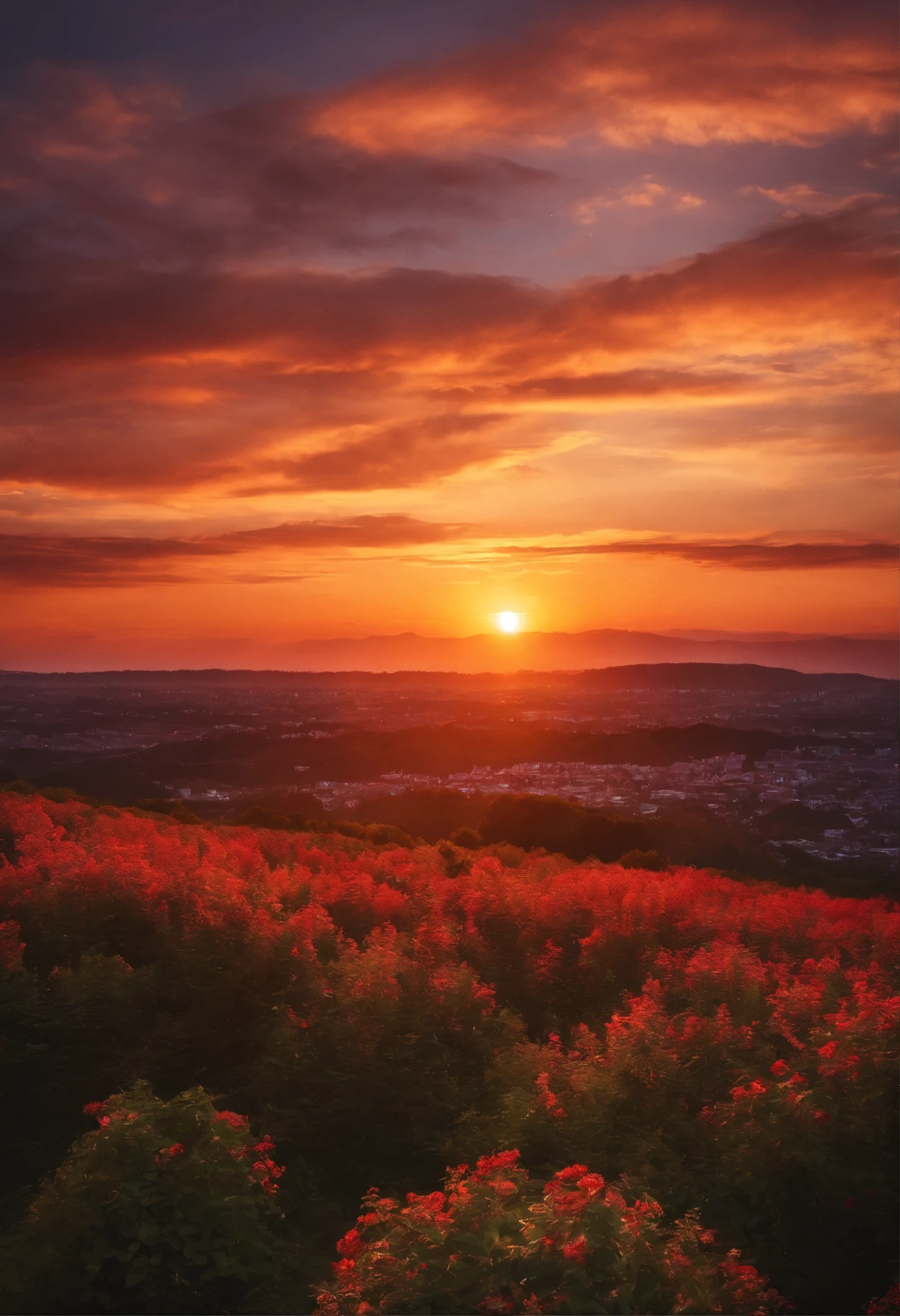 sunset,Nightingale flying in the sky,雲が少しsunsetを遮っている