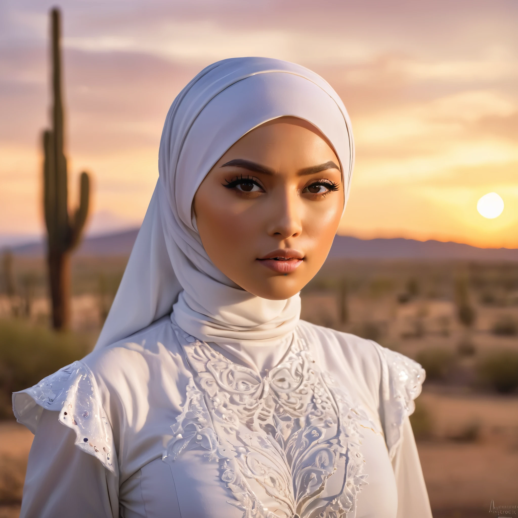 (extreme complexity)(two subjects) (Western gunfighter showdown), A (rugged man resembling Clint Eastwood, wild west gunslinger dressed in white), (busty malaysian gunslinger, age 20 immensely busty, hijab no hair showing), old west town sunset, (best quality,4k,8k,highres,masterpiece:1.2), ultra-detailed, (realistic,photorealistic,photo-realistic:1.37), HDR, UHD, studio lighting, ultra-fine painting, sharp focus, physically-based rendering, extreme detail description, professional, vivid colors, bokeh, portraits, landscape, horror, anime, sci-fi, photography, concept artists, warm color palette, golden-hour lighting, (show both gunslingers, extreme tension)