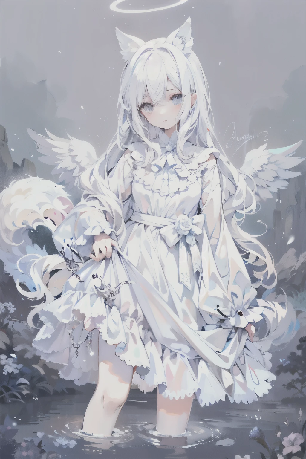 Anime girl with white hair and angel wings wearing white clothes, Digital art on pixiv, White-haired God, Pale young ghost girl, zero art, Ethereal animation, pixiv, pixiv style, Demon anime girl, A beautiful angel girl, white wings, gothic shoujo anime girl, pixiv contest winners, Astral Fairy, angelic purity, ethereal wings