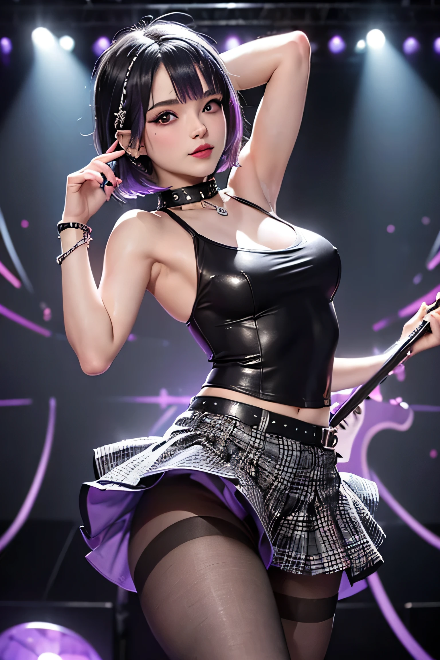 circular image, (masterpiece: 1.3), (最high quality: 1.2), (masterpiece), high quality, High resolution, (alone: 1.4), (Round image)), (((Fisheye)), [(metallic silver background: 1.1): 5], [(cool rock band stage, play electric guitar: 1): 5], 18 year old girl, cute, floating, flashy, [(Punk Rocker Costume, revealing clothes:1.2): 5] {1 girl}, {alone}, (((whole body))), {{{five fingers}}}}, ((excellent anatomy: 1.2)), ((black)) short bob hair (silver and (purple)), (enchanting smile, armpit), black pantyhose, (random pose), watch viewer, fluffy mini skirt, plaid, (((Anyway cute)), Punk Accessories