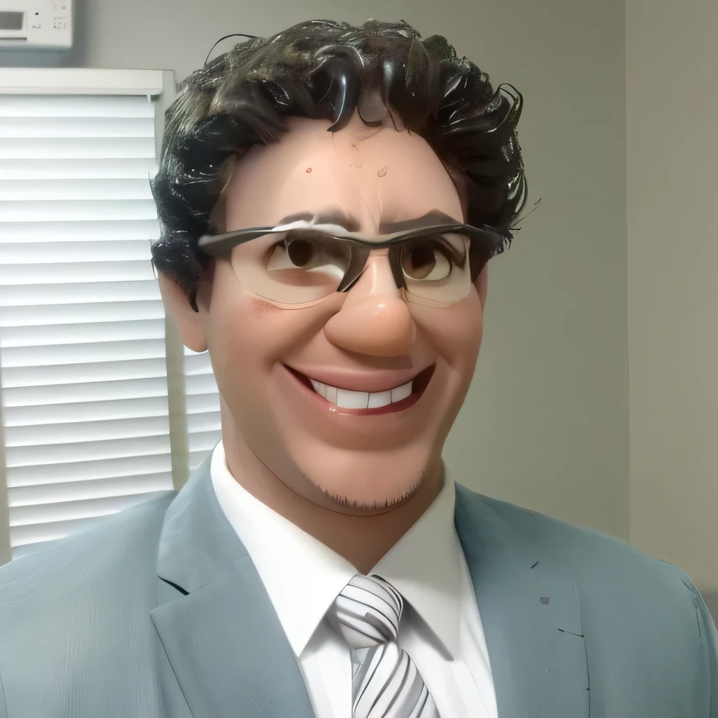 alterar estilo da imagem para pixar, manter exatamente aparencia fisica da pessoa na foto. homem de terno cabelo enrolado