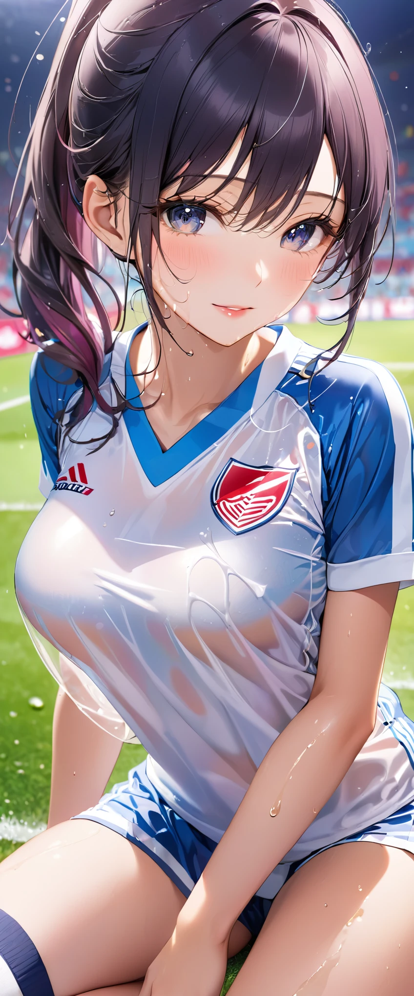 (masterpiece,highest quality,超A high resolution),japanese woman, (((very beautiful 20 year old girl))), pretty girl、look at the photographer､  ((beautiful low ponytail)), super cute face, glossy lips, double eyelids in both eyes,natural smile、 natural makeup, long eyelashes, Shiny and smooth hair､center image,  perfect limbs, perfect anatomy,(((soccer uniform)))、(wet with sweat),,beautiful breasts,See-through