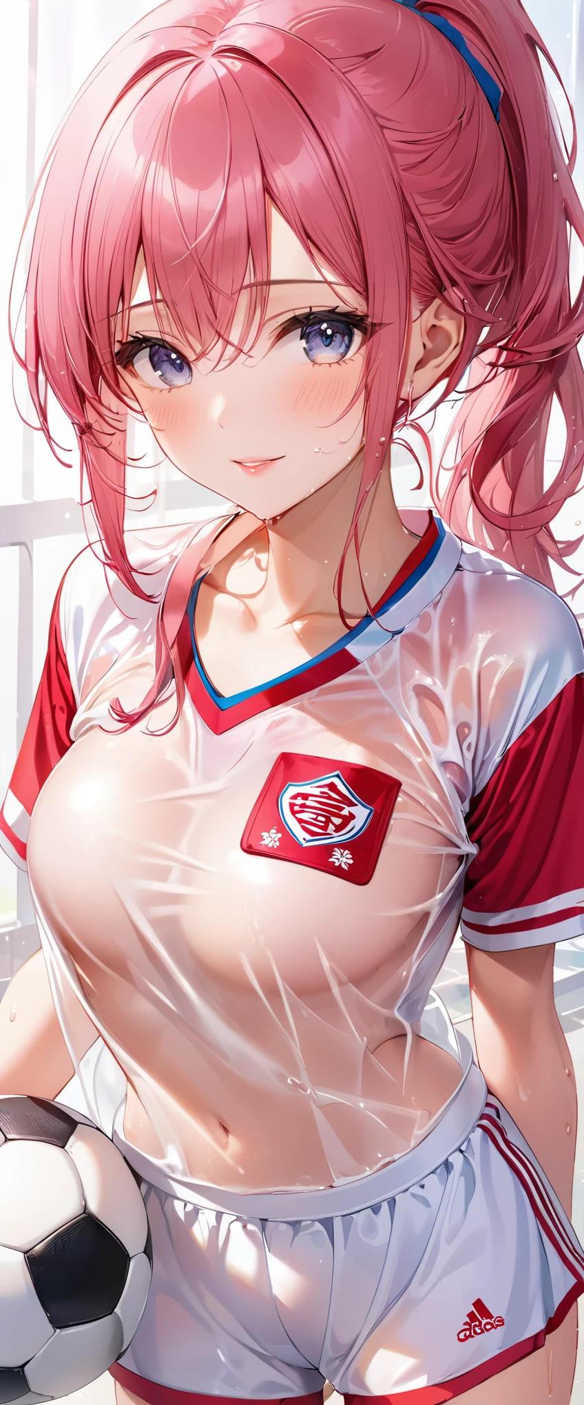 (masterpiece,highest quality,超A high resolution),japanese woman, (((very beautiful 20 year old girl))), pretty girl、look at the photographer､  ((beautiful low ponytail)), super cute face, glossy lips, double eyelids in both eyes,natural smile、 natural makeup, long eyelashes, Shiny and smooth hair､center image,  perfect limbs, perfect anatomy,(((soccer uniform)))、(wet with sweat),,beautiful breasts,See-through