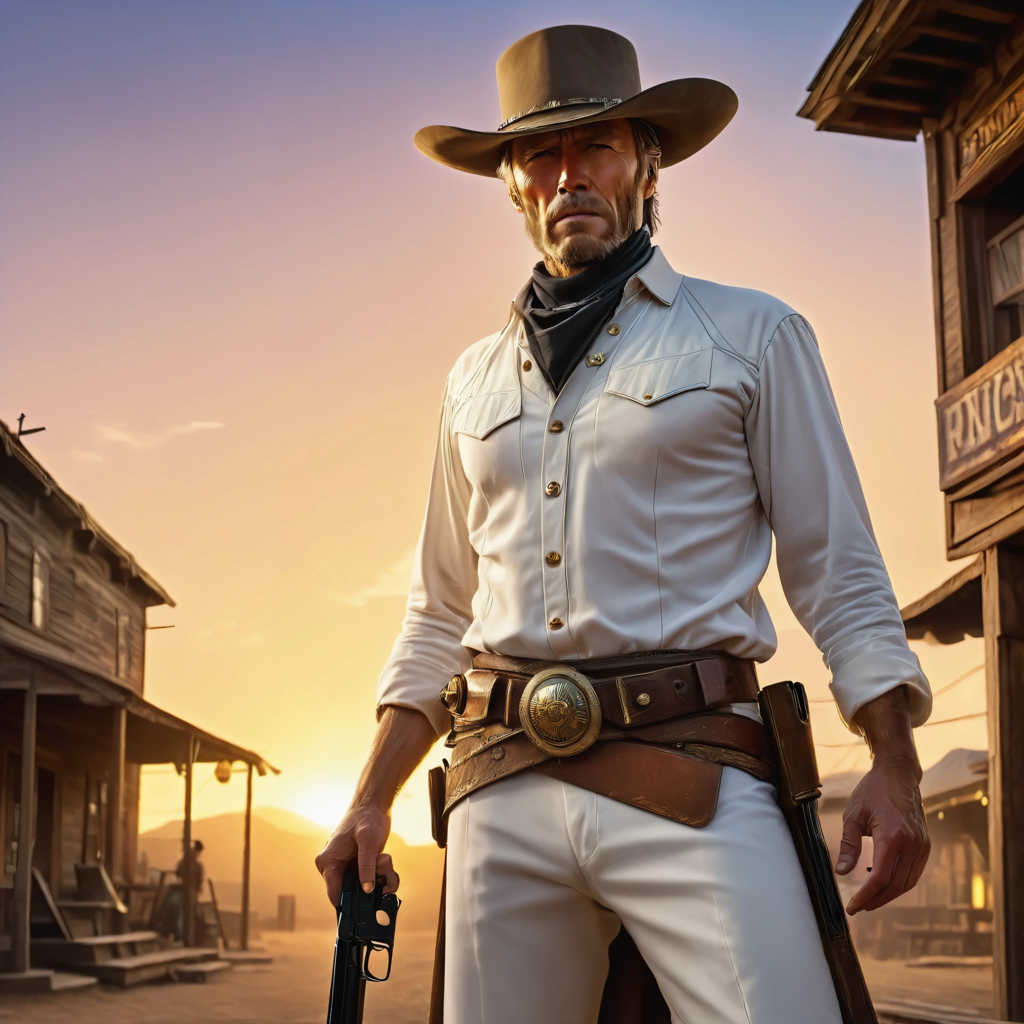 (extreme complexity)(two subjects) (Western gunfighter showdown), A (rugged man resembling Clint Eastwood, wild west gunslinger dressed in white), (busty malaysian gunslinger, age 20 immensely busty, hijab no hair showing), old west town sunset, (best quality,4k,8k,highres,masterpiece:1.2), ultra-detailed, (realistic,photorealistic,photo-realistic:1.37), HDR, UHD, studio lighting, ultra-fine painting, sharp focus, physically-based rendering, extreme detail description, professional, vivid colors, bokeh, portraits, landscape, horror, anime, sci-fi, photography, concept artists, warm color palette, golden-hour lighting, (show both gunslingers, extreme tension)