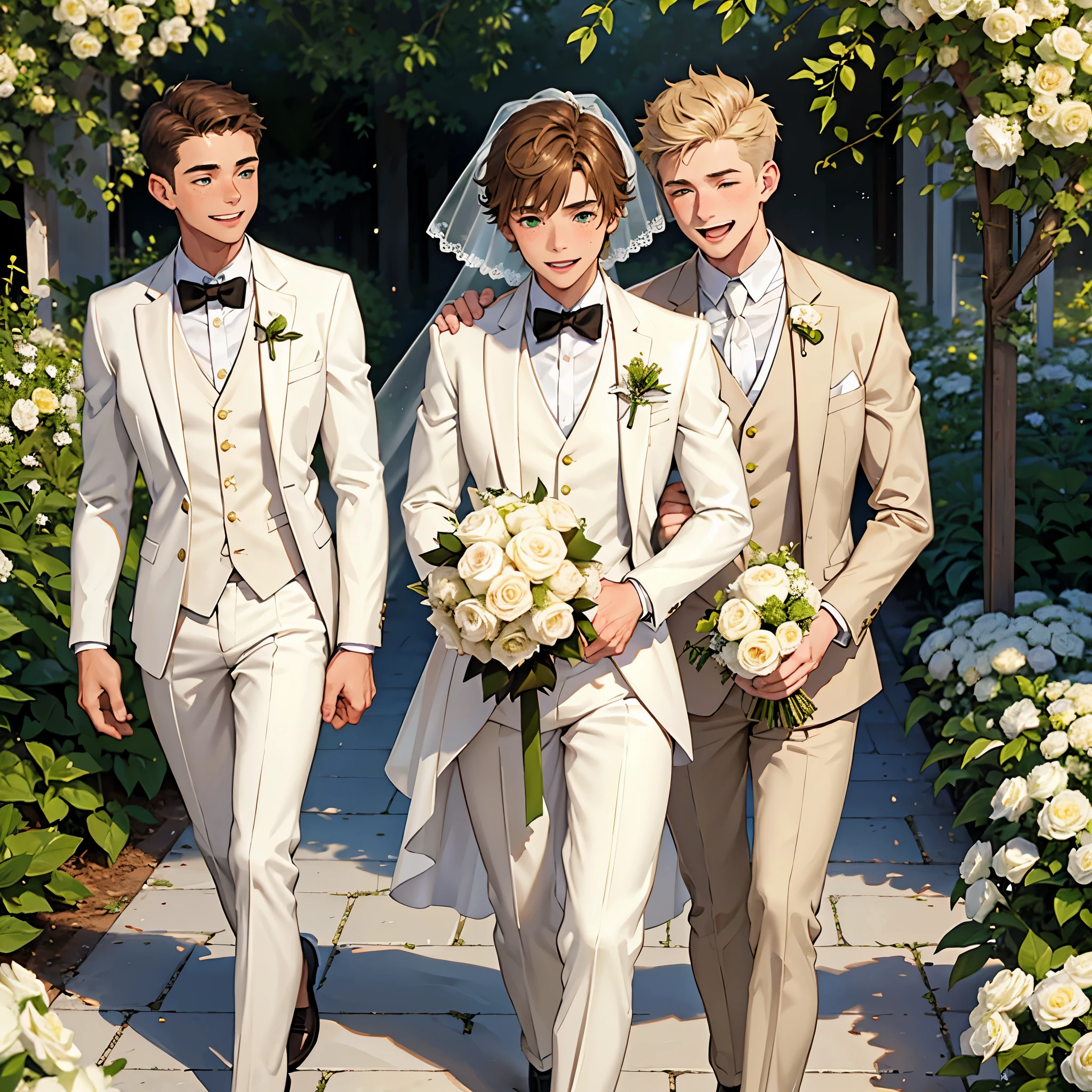 ((1boy)), short hair, light brown hair, green eyes, light freckles, ((femboy)), white suit, wedding veil, holding bouquet, walking, wedding, smiling, garden