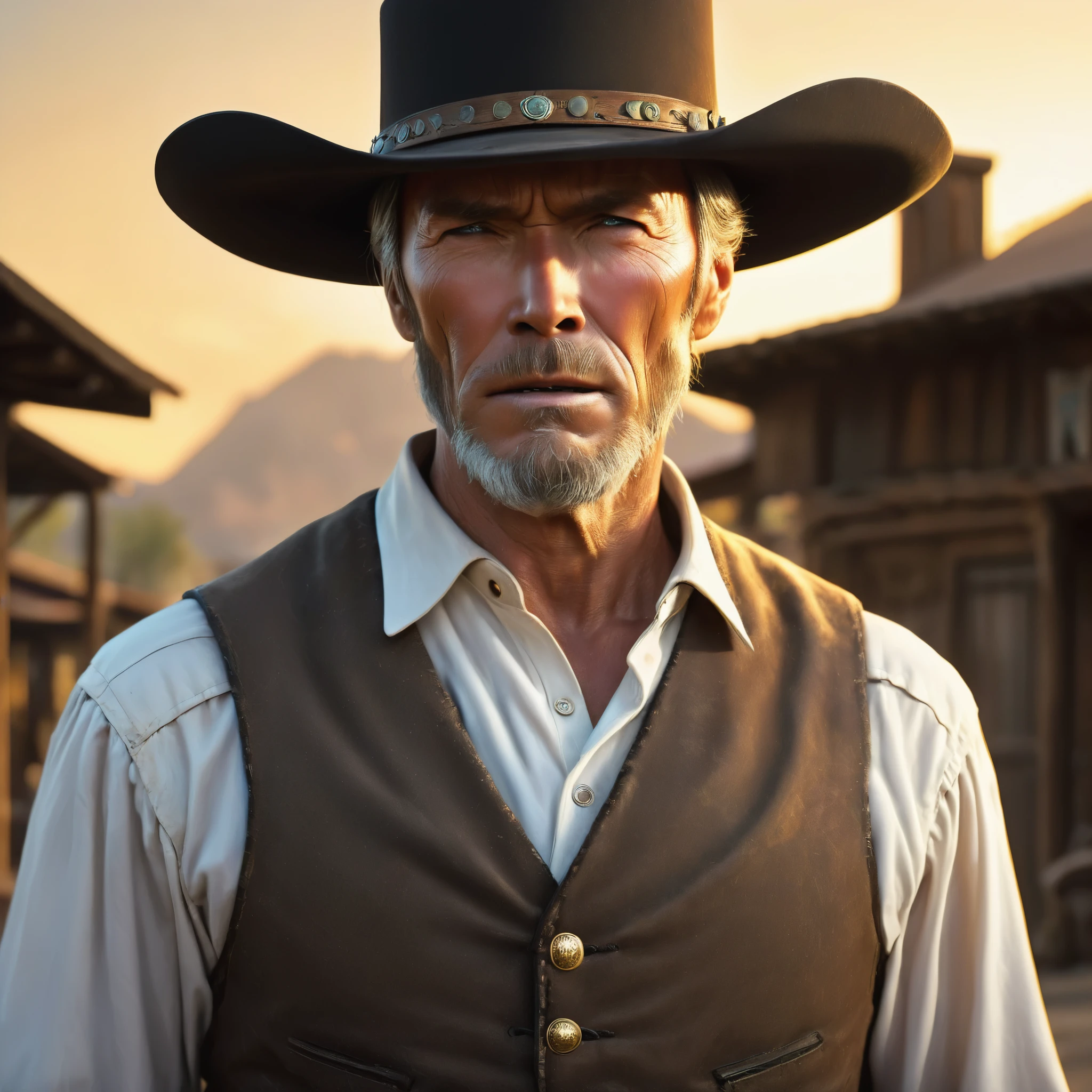 (extreme complexity)(two subjects) (Western gunfighter showdown), A (rugged man resembling Clint Eastwood, wild west gunslinger dressed in white), (busty malaysian gunslinger, age 20 immensely busty, hijab no hair showing), old west town sunset, (best quality,4k,8k,highres,masterpiece:1.2), ultra-detailed, (realistic,photorealistic,photo-realistic:1.37), HDR, UHD, studio lighting, ultra-fine painting, sharp focus, physically-based rendering, extreme detail description, professional, vivid colors, bokeh, portraits, landscape, horror, anime, sci-fi, photography, concept artists, warm color palette, golden-hour lighting, (show both gunslingers, extreme tension)