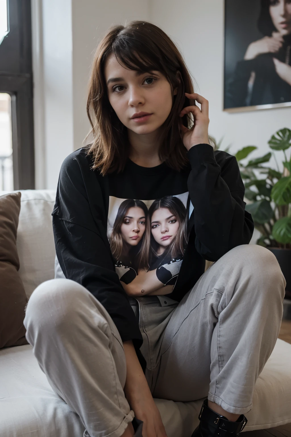 Foto de chica con remera oversize ajustada, botas negras, nedias de red, pelo gris largo. Sit. Falda gris. Manos atadas. Mirando hacia la camara