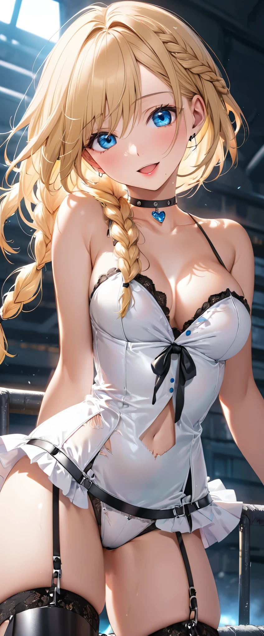 NSFW,master piece,highest quality,super detailed,High resolution,octane rendering,Valkyrie,Blonde hair,Radiant hair,(1 girl),beautiful girl,Beautiful adult face,Female genitals are fully visible, ((detailed female genitalia)),Torn white side tie panties,garter belt,bare shoulders,seductive young woman,female focus,beautiful breasts,whole body,(perfect body),(((white latex dress micro skirt))),((Check out the thru-rack choker and midi ring with chain。。,(blonde single braid),big bright blue eyes, Shining eyes beautiful detailed eyes),cute,nice,white skin,faint lips,smile,open your mouth,(hair, realistic:1),stand,holding_arms,silver halberd,spread legs,A girl trembling at sexual climax, juice stains,face turns red,fantasy,Sweat,vapor,(turn around and look back)leather thigh high boots