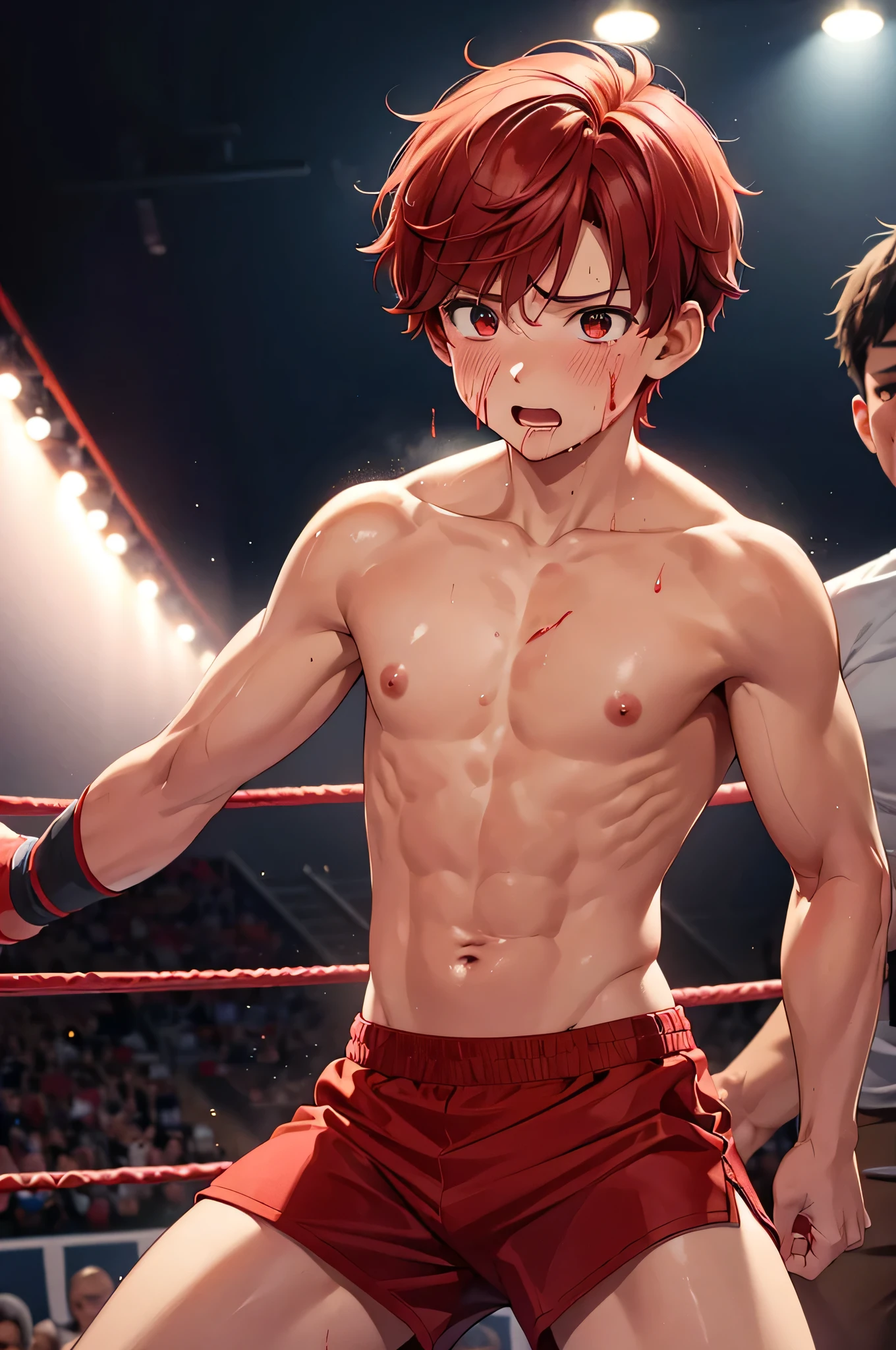 boy, , cute, , whole body, redhead, short hair, (expression of agony), muscular, black skin, (Topless), (nipple), (red shorts), (barefoot), (finding), (spit blood from the mouth), (professional wrestling ring), (audience), (high resolution), (High precision)