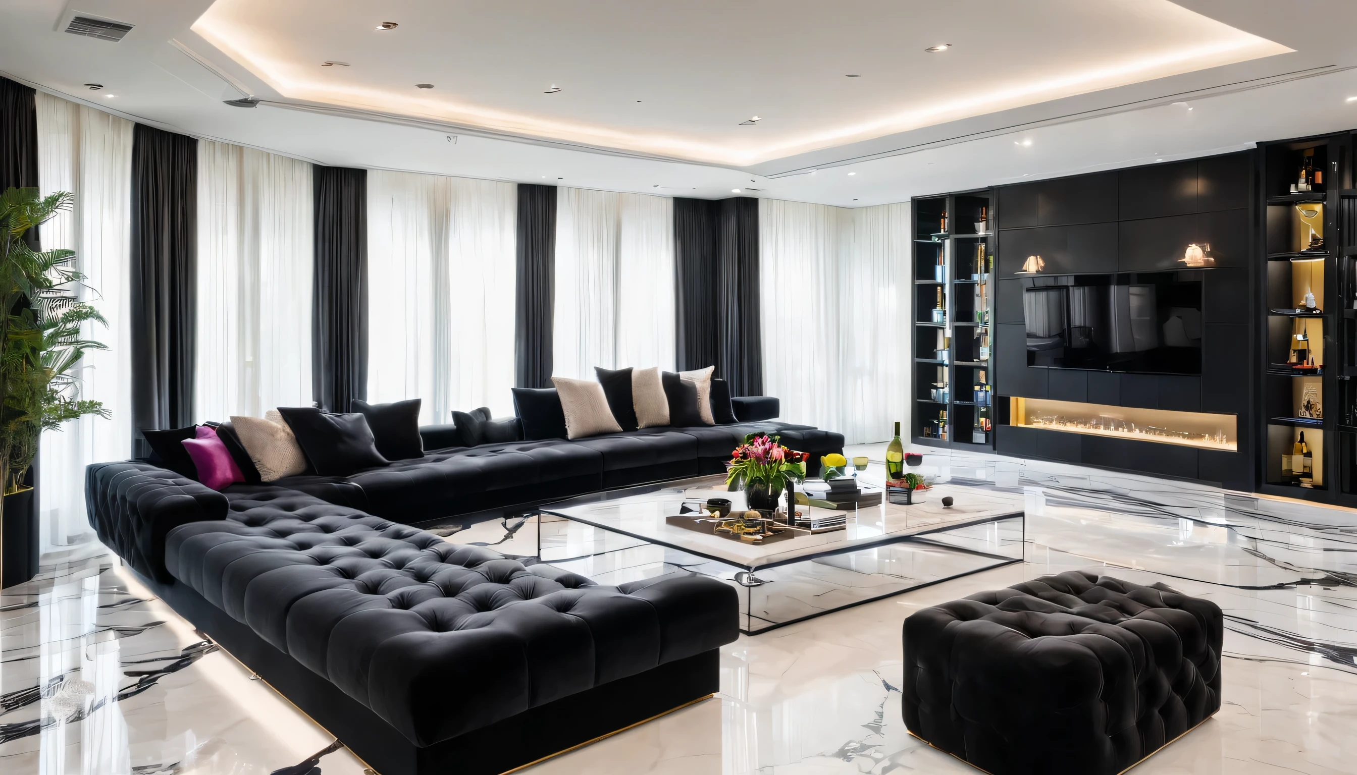 Contemporary Room,Cleanroom,living room,black sofa,shelf full of wine,luxury,marble floor