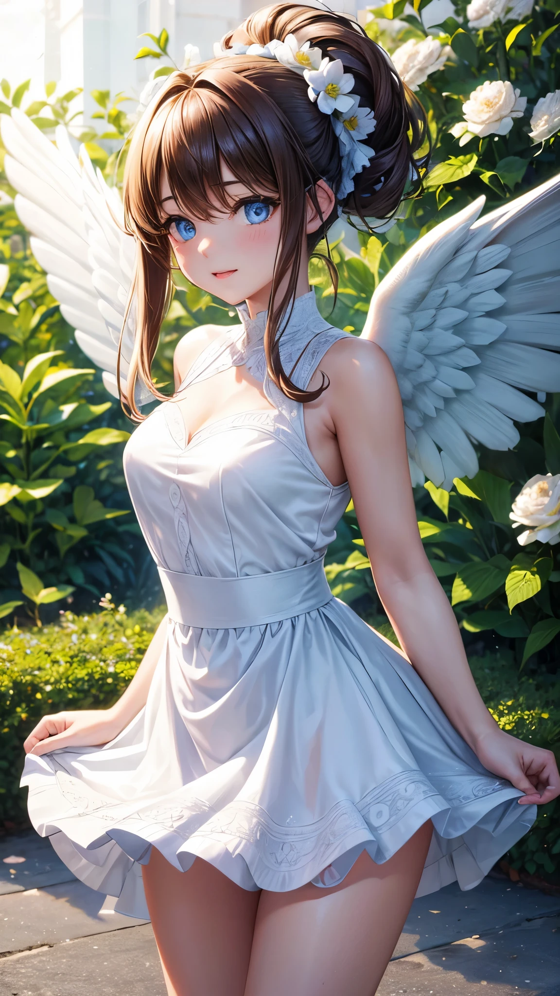 high resolution, best quality, masterpiece, ultra high definition, ultra high definition, ultra realistic, 3d, solo, very beautiful and cute woman in her twenties, she wears a light white floral miniskirt length dress and flutters her wings, her hair is moving, full body, wonderful perfect proportions, shiny light brown medium hair, high layer cut, mullet hairstyle, bright blue eyes, happy, shy