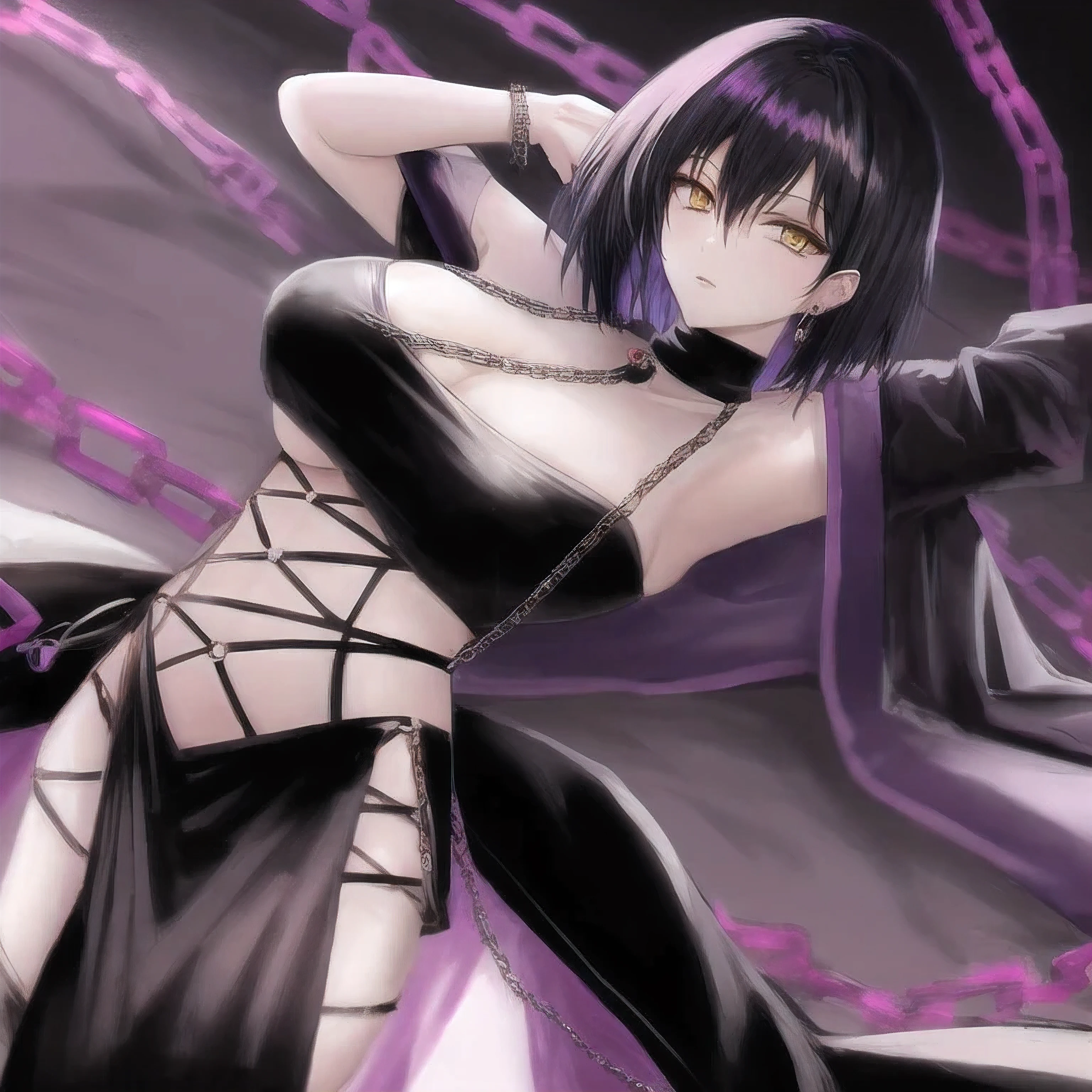 anime character dressed in black with chain around his neck, turtle neck, shadow mage female, female fantasy Vampire, single character, rpg portrait, noble female, anime illustration, dark witch character, rpg, black hair purple gradien, yellow eyes purple gradien color, rosario earpierce, wolf cut hair, female, wolfcut hair, bigboobs, sexy pose, sexy clothes