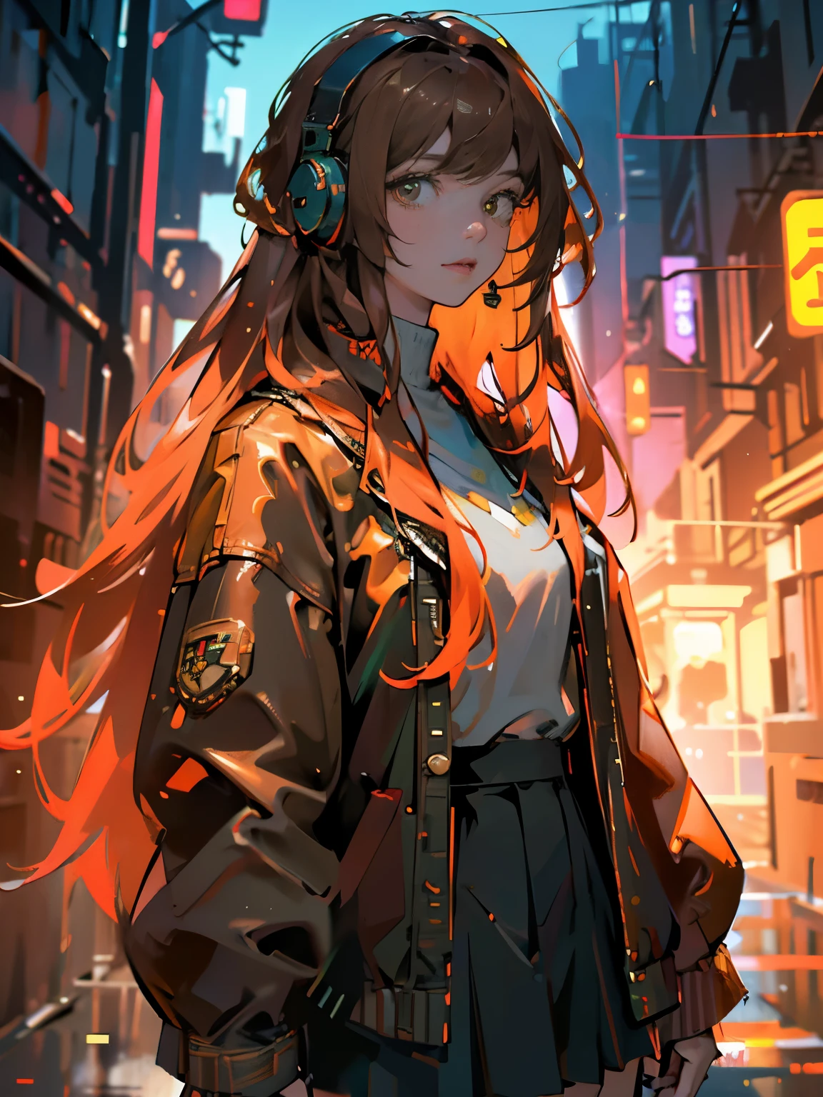 (masterpiece, top quality, best quality, official art, beautiful), female, Orange hair, long hair, with bangs, brown eyes, Extreme Detail, white shirt, scott skirt, green headphone