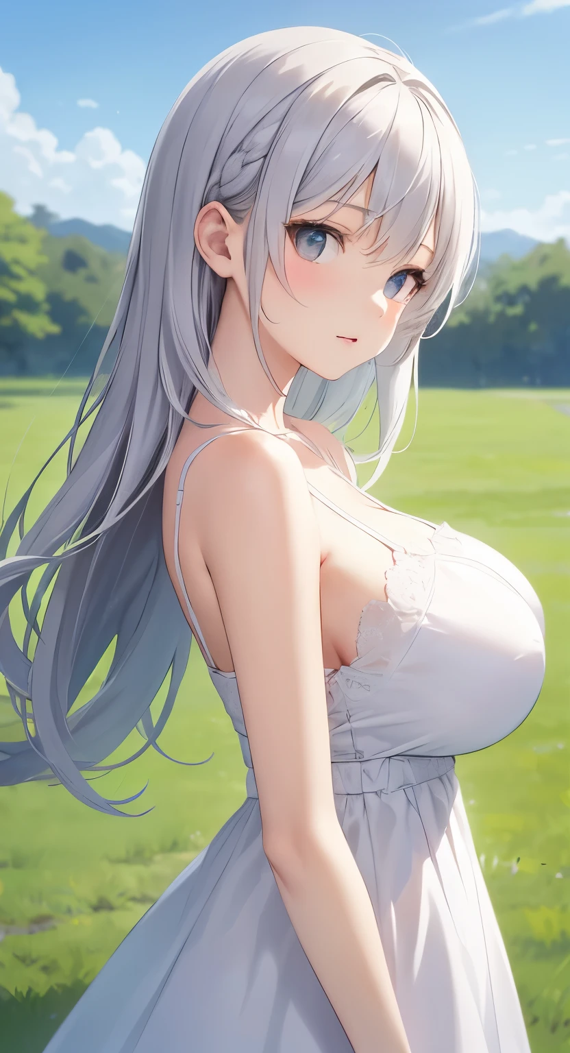 big breasts:1.2、、highest quality、very detailed、Very realistic eye masterpiece、highest quality、very detailed、gray hair、perfect face、long hair、white dress、sundress、anime、countryside、Pinch your chest with your hands、clear、From the side above、shoulder out、transparent