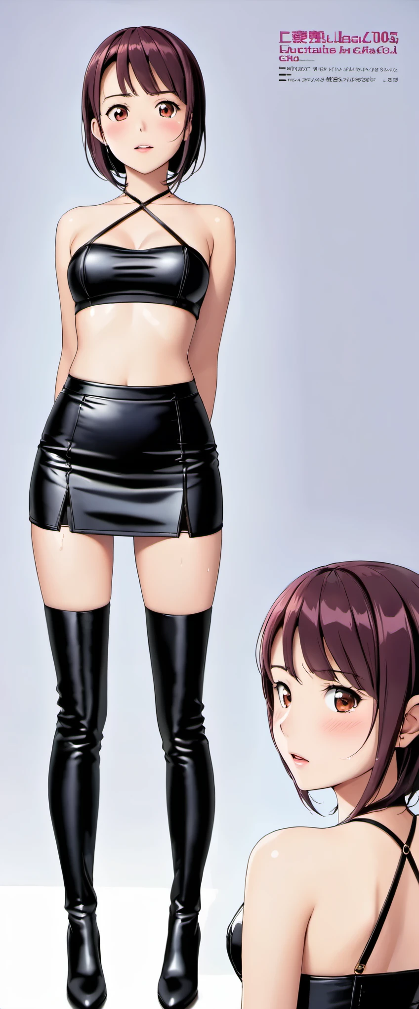 High resolution, adult woman , good lighting, despicable, , (No nudity), (((レザータイトmini skirt))), ((tight leather top)), (((leather thigh high boots))), (garter belt), abdomen only, (wet shorts),  ,  cute face, I&#39;m embarrassed and blush, humiliating, ((spread your legit))(T-back)