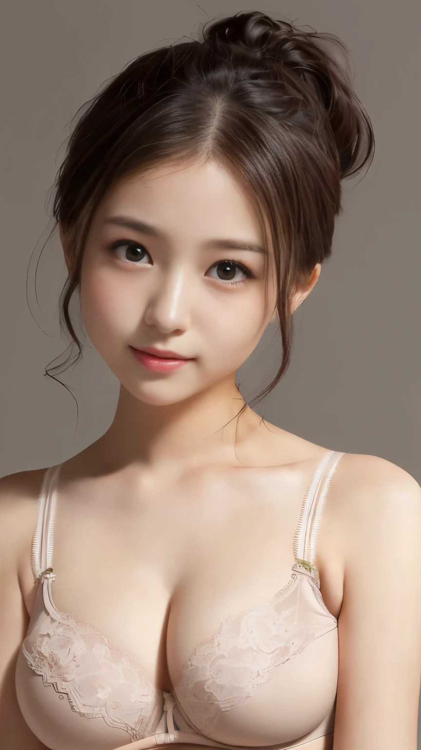 ((Best picture quality, 8K, tmasterpiece:1.3)), 1girll, Beautiful woman with slender abs:1.3, (Casual hairstyle, :1.2), Pink low-cut bra，Super large，The skin is very white，Ultra-fine face, A detailed eye, 二重まぶた，ssmile。Take pictures in cute poses，The figure is very bad，tiny small waist，Super big breasts，Close-up，Close-up chest，White-skinned，The background is casual，Close-up Shot Shot