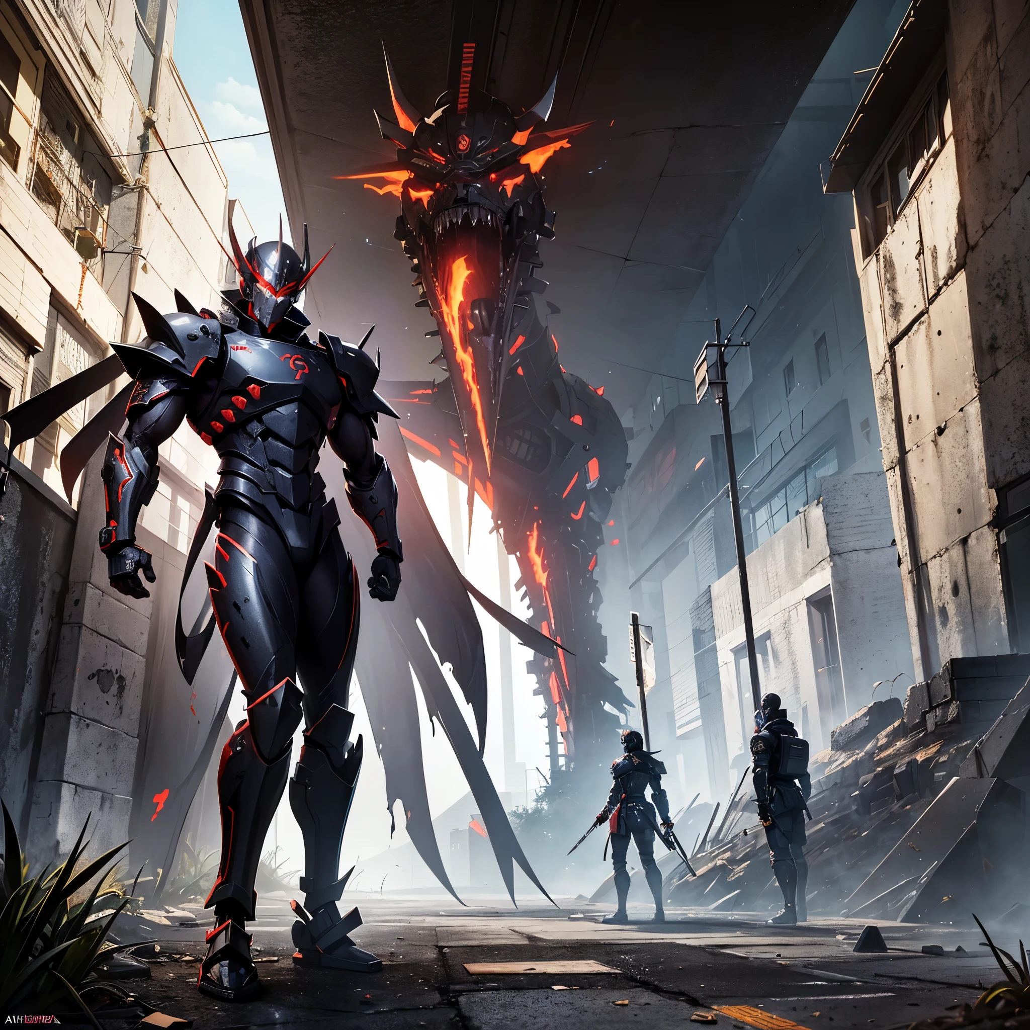A battered cyborg samurai, with obvious damage, is facing off against the evil boss Mecha ninja in an urban decay setting. The scene unfolds with intense energy as the cyborg samurai prepares to engage in an epic battle. The cyborg samurai stands tall, emanating a sense of perseverance and determination. The surface of its body reveals the wear and tear of countless battles, with battle scars and damaged armor adding to its fierce appearance. The cyborg samurai possesses a blend of futuristic technology and ancient samurai aesthetics, embodying the spirit of traditional Japanese warriors in a cybernetic form.
The color scheme of the cyborg samurai showcases elements of the traditional Japanese culture, with a focus on vibrant and contrasting hues. The color palette includes rich reds, deep blues, and vibrant gold, representing the iconic Japanese color scheme. These colors add an exquisite touch to the visuals, creating a sense of authenticity and cultural significance.
On the other side, the evil boss Mecha ninja stands in a purple chrome color scheme, exuding an aura of mystery and power. The purple chrome finish highlights the ninja's advanced technological enhancements, giving it an otherworldly appearance. The Mecha ninja's design is sleek and agile, with sharp edges and an intimidating presence.
The urban decay setting adds a gritty and dystopian atmosphere to the scene. The backdrop is filled with dilapidated buildings, overgrown vegetation, and decaying infrastructure, signifying the aftermath of a once-bustling city. The crumbling structures and faded graffiti emphasize the sense of abandonment and desolation.
In terms of image quality, the prompt demands the highest standards. The generated image should possess the best quality, with a resolution of 4k or 8k. The level of detail should be ultra-detailed, approaching photorealism. The lighting should be carefully designed, with studio lighting techniques enhancing the overall impact of the image. The co