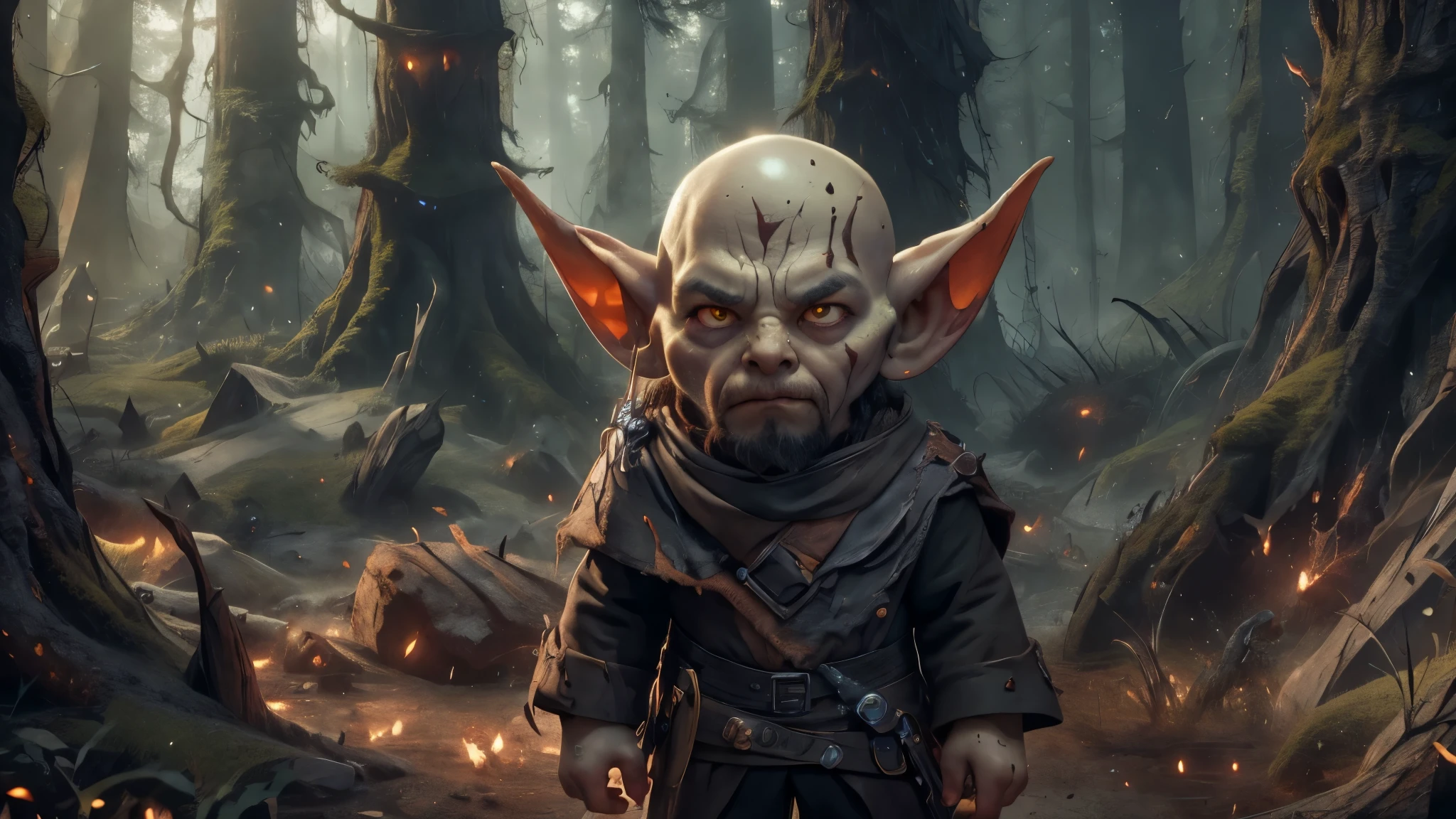 (masterpiece), 8k, best quality, panoramic view, Goblins, caramel, black and malicious eyes, evil, huge pointed ears, sharp teeth, bald, thin, 120 centimeters tall, dirty torn cloth clothing, threatening, gnome forest