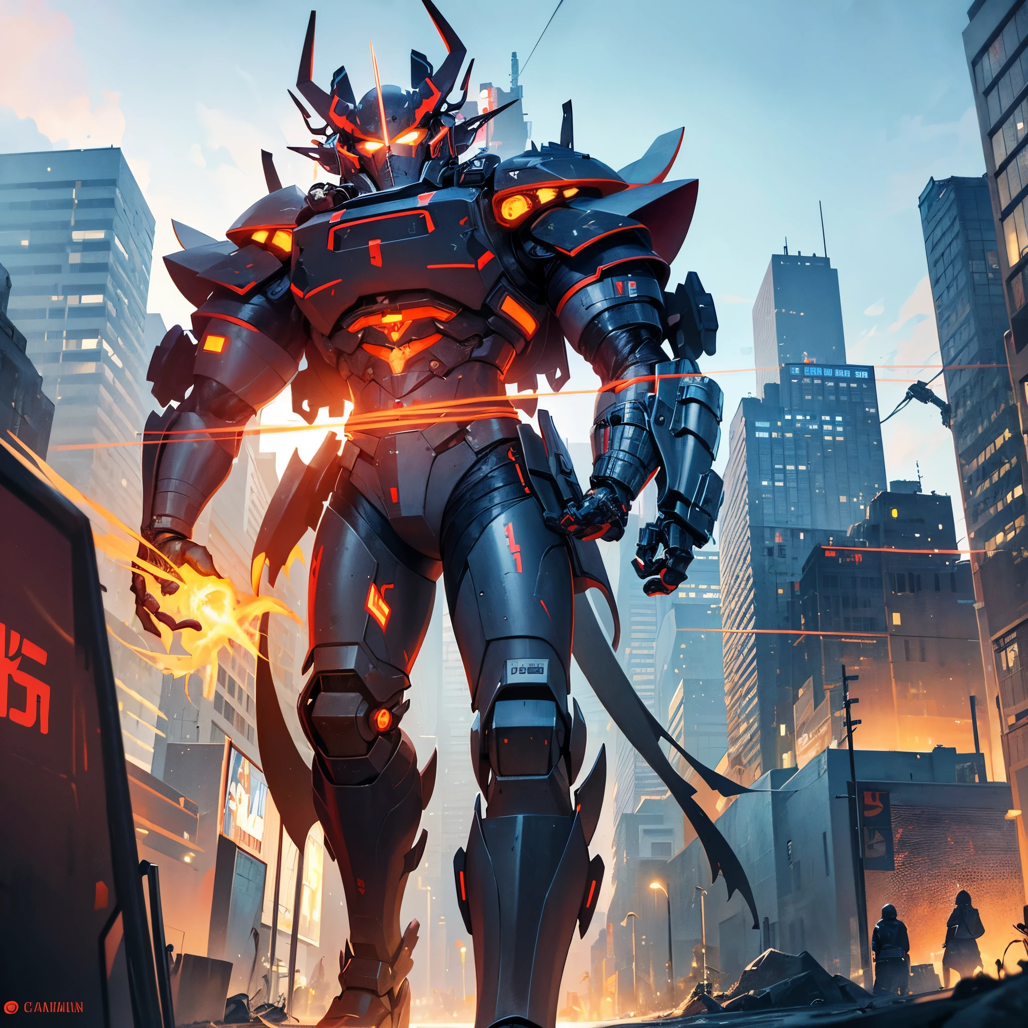 A battered cyborg samurai, with obvious damage, is facing off against the evil boss Mecha ninja in an urban decay setting. The scene unfolds with intense energy as the cyborg samurai prepares to engage in an epic battle. The cyborg samurai stands tall, emanating a sense of perseverance and determination. The surface of its body reveals the wear and tear of countless battles, with battle scars and damaged armor adding to its fierce appearance. The cyborg samurai possesses a blend of futuristic technology and ancient samurai aesthetics, embodying the spirit of traditional Japanese warriors in a cybernetic form. The color scheme of the cyborg samurai showcases elements of the traditional Japanese culture, with a focus on vibrant and contrasting hues. The color palette includes rich reds, deep blues, and vibrant gold, representing the iconic Japanese color scheme. These colors add an exquisite touch to the visuals, creating a sense of authenticity and cultural significance. On the other side, the evil boss Mecha ninja stands in a purple chrome color scheme, exuding an aura of mystery and power. The purple chrome finish highlights the ninja's advanced technological enhancements, giving it an otherworldly appearance. The Mecha ninja's design is sleek and agile, with sharp edges and an intimidating presence. The urban decay setting adds a gritty and dystopian atmosphere to the scene. The backdrop is filled with dilapidated buildings, overgrown vegetation, and decaying infrastructure, signifying the aftermath of a once-bustling city. The crumbling structures and faded graffiti emphasize the sense of abandonment and desolation. In terms of image quality, the prompt demands the highest standards. The generated image should possess the best quality, with a resolution of 4k or 8k. The level of detail should be ultra-detailed, approaching photorealism. The lighting should be carefully designed, with studio lighting techniques enhancing the overall impact of the image. The co
