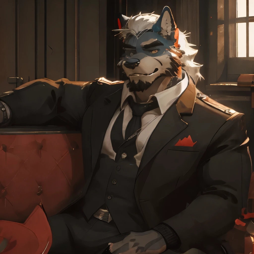 A werewolf dressed in a white hat and suit with a red tie