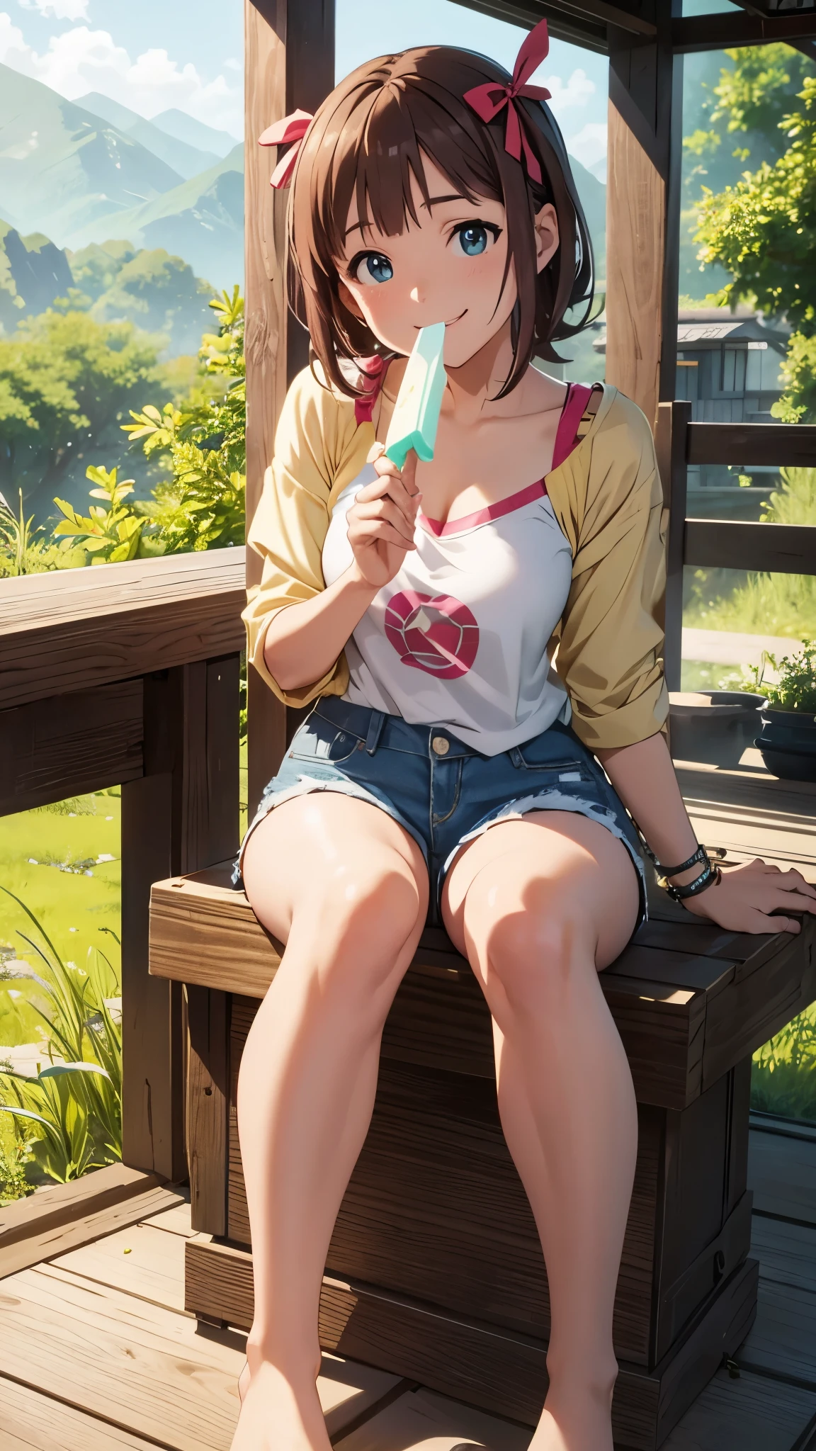 CG, unity, 8k, wallpaper, highest quality, masterpiece, haruka amami, (smile: 1.2), sitting on the engawa, yellow camisole BREAK denim shorts, barefoot, thighs, best lighting, complex pupils, complex textile, detailed background, Japanese countryside scenery, She holds a popsicle in her hand and points it at the viewer.